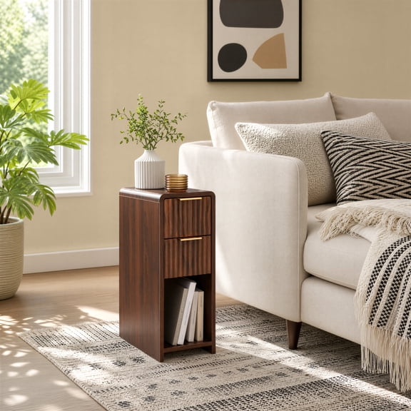 Spruce & Spring Fluted Slim Side Table with 2 Drawers & Open Shelf for Bedroom, End Table for Small Spaces, Walnut