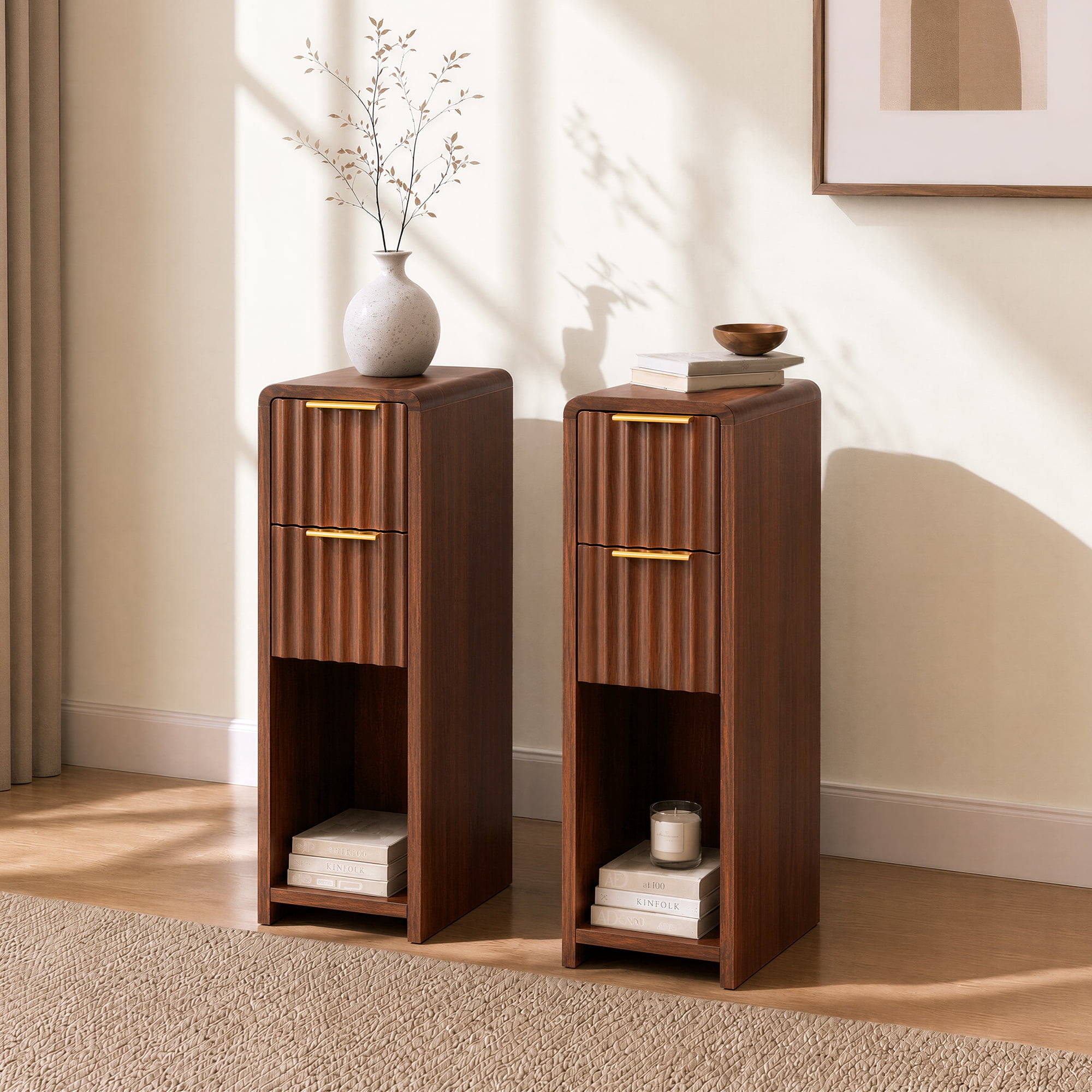 Spruce & Spring Fluted Slim Side Tables Set of 2 with 2 Drawers & Open Shelf for Living Room, End Table for Small Spaces, Walnut