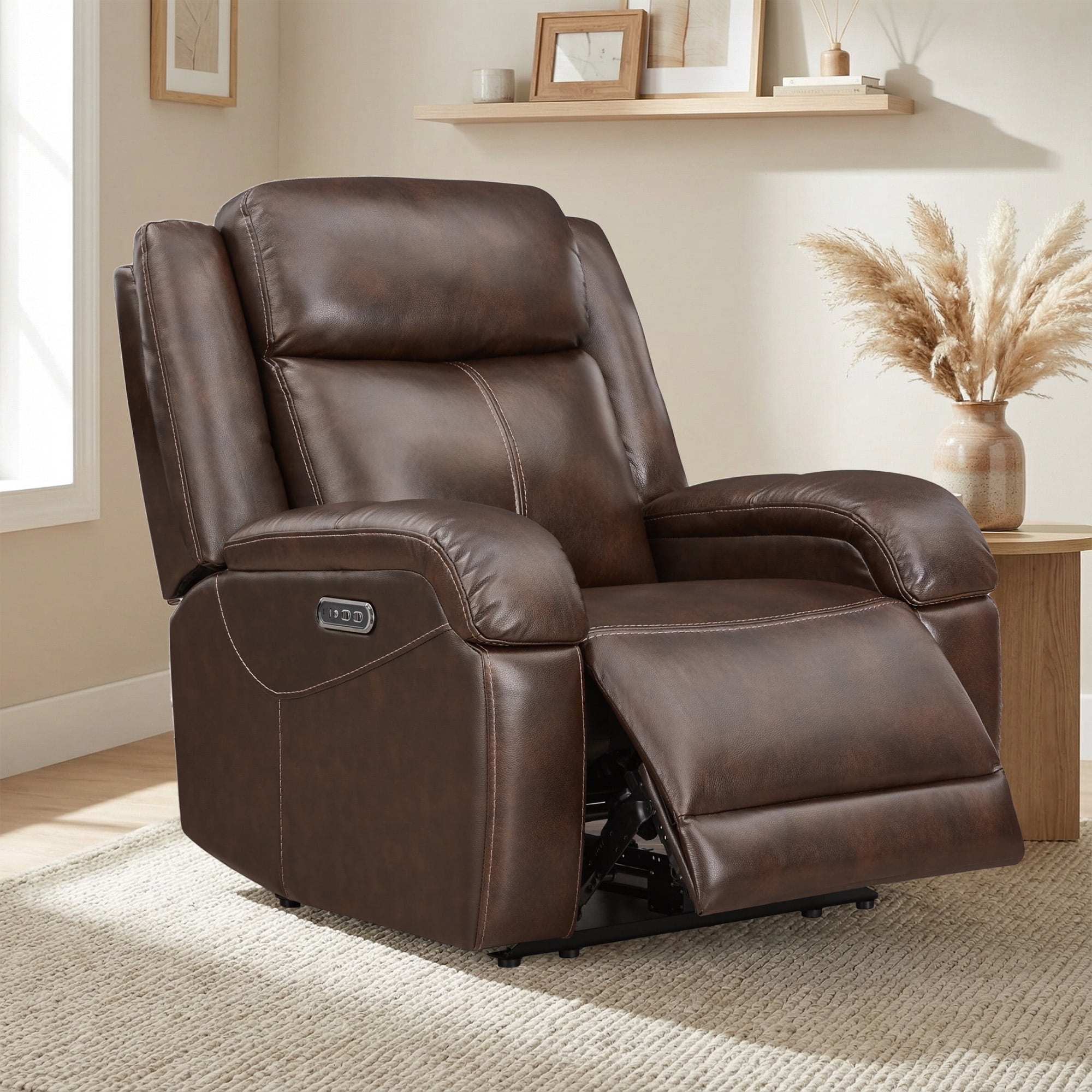 Spruce & Spring Genuine Leather Wall Hugger Power Recliner with Dual Motors, Brown-Medium