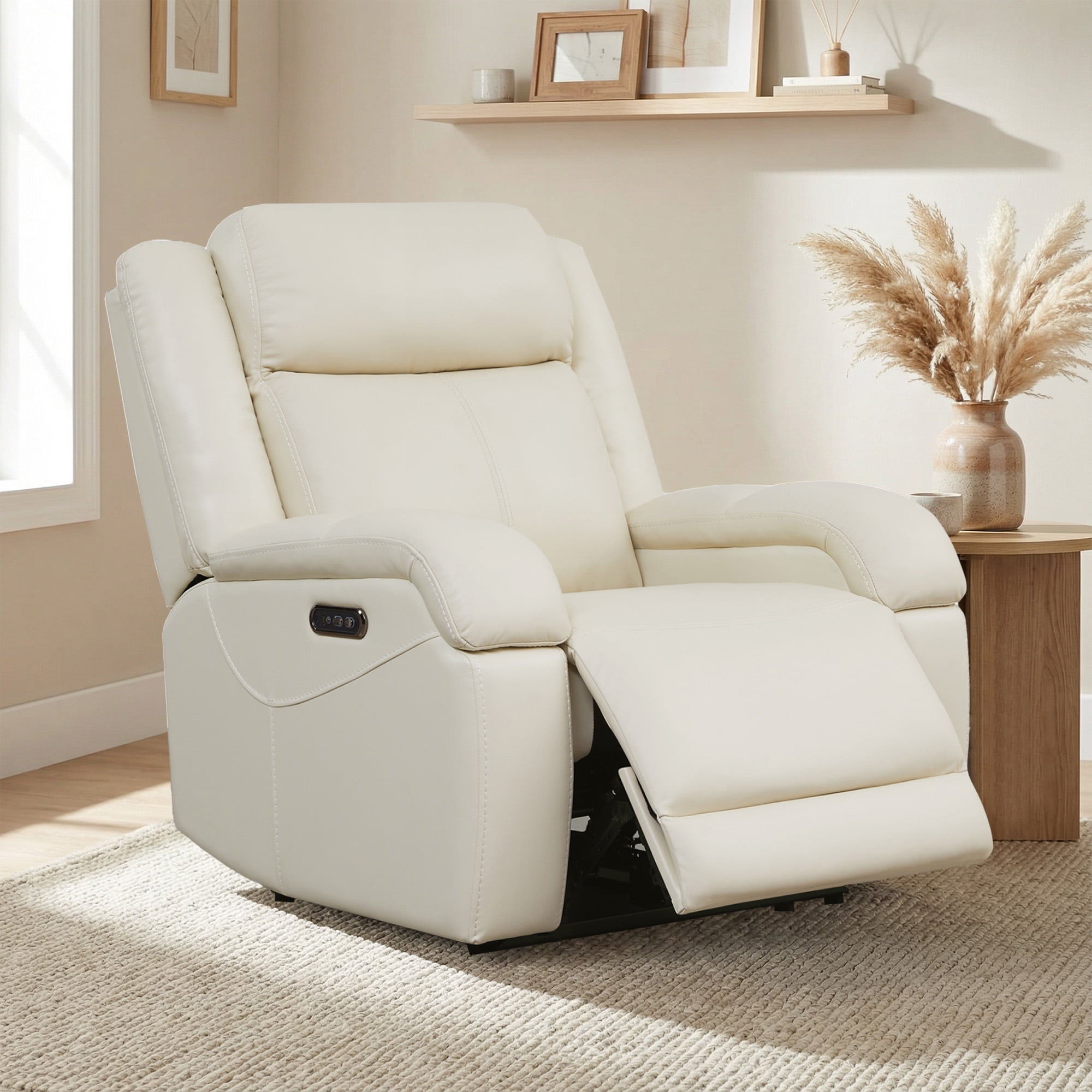 Spruce & Spring Genuine Leather Wall Hugger Power Recliner with Dual Motors, Cream-Medium
