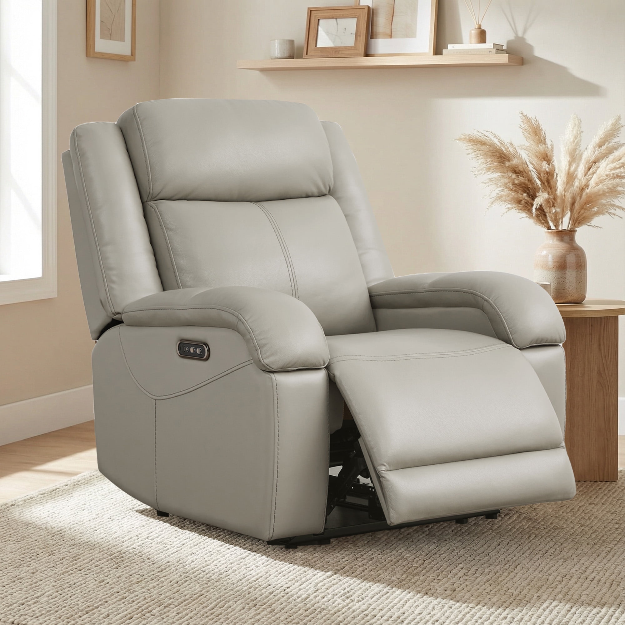 Spruce & Spring Genuine Leather Wall Hugger Power Recliner with Dual Motors, Gray-Medium