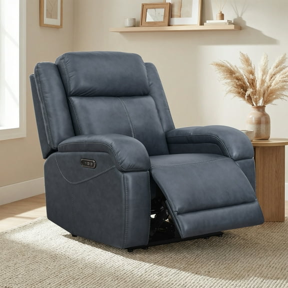 Spruce & Spring Genuine Leather Wall Hugger Power Recliner with Dual Motors, Navy-Medium