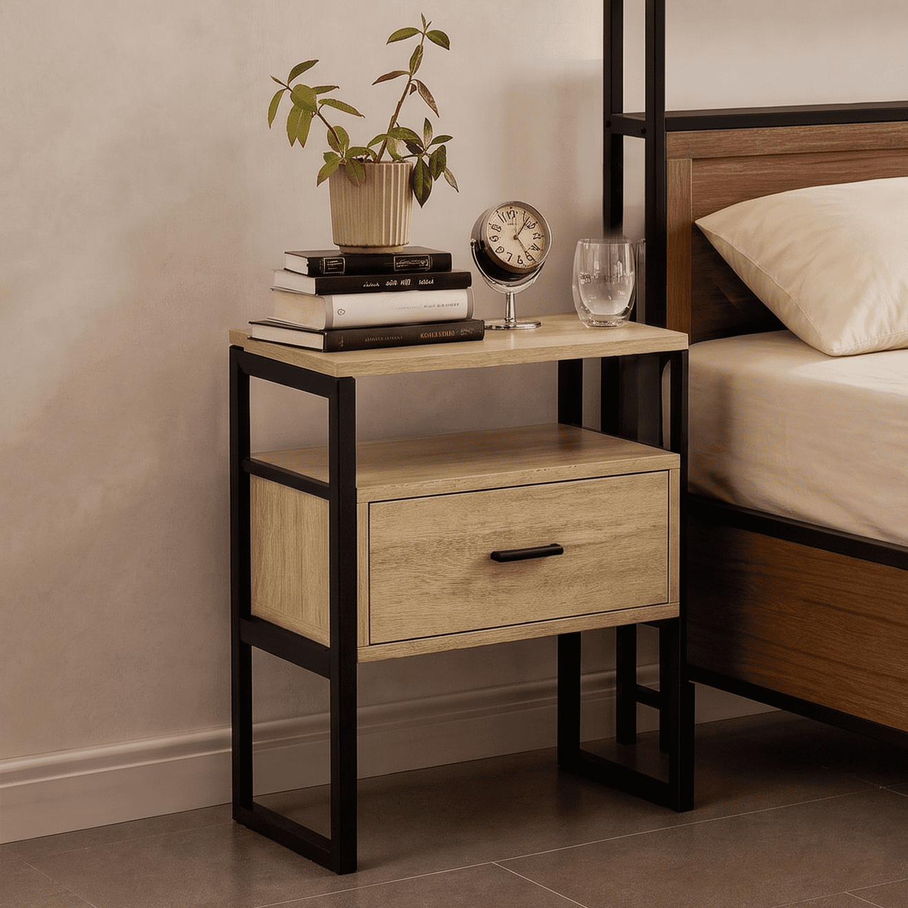 Spruce & Spring Industrial Nightstands Set of 2, End Tables with Metal Frame Base for Bedroom, Natural
