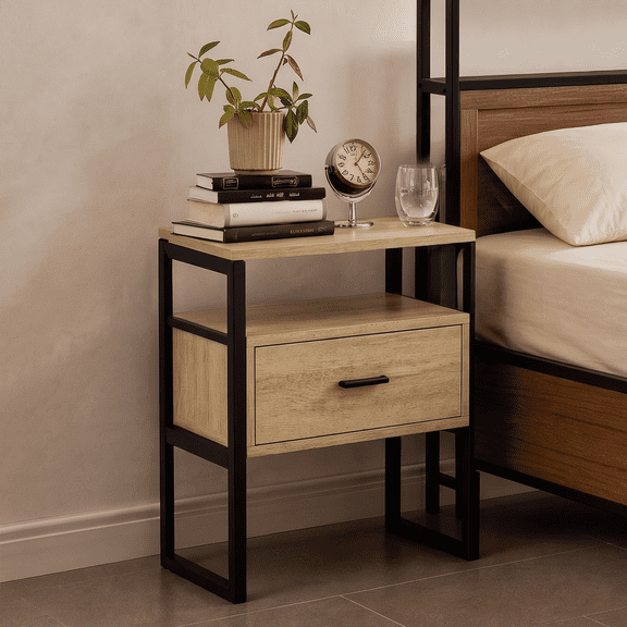 Spruce & Spring Industrial Nightstands Set of 2, End Tables with Metal Frame Base for Bedroom, Natural