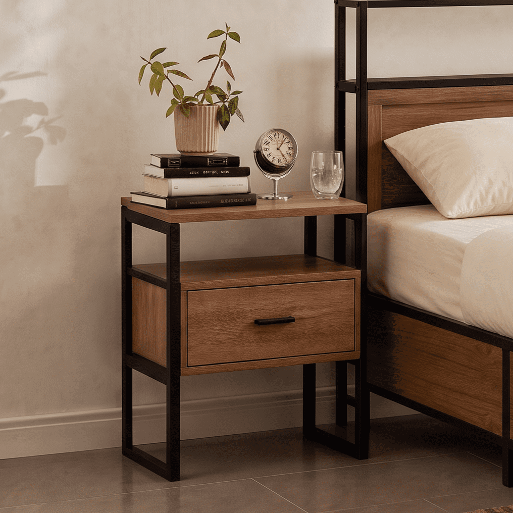 Spruce & Spring Industrial Nightstands Set of 2, End Tables with Metal Frame Base for Bedroom, Walnut