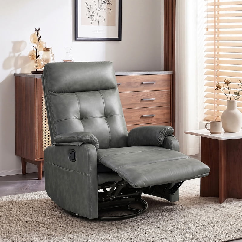 Spruce & Spring Manual Swivel Recliner Chair with Storage Pocket & Cup Holders for Living Room & Bedroom, Gray Faux Leather