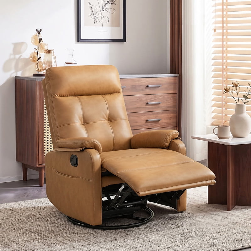 Spruce & Spring Manual Swivel Recliner Chair with Storage Pocket & Cup Holders for Living Room & Bedroom, Saddle Brown Faux Leather
