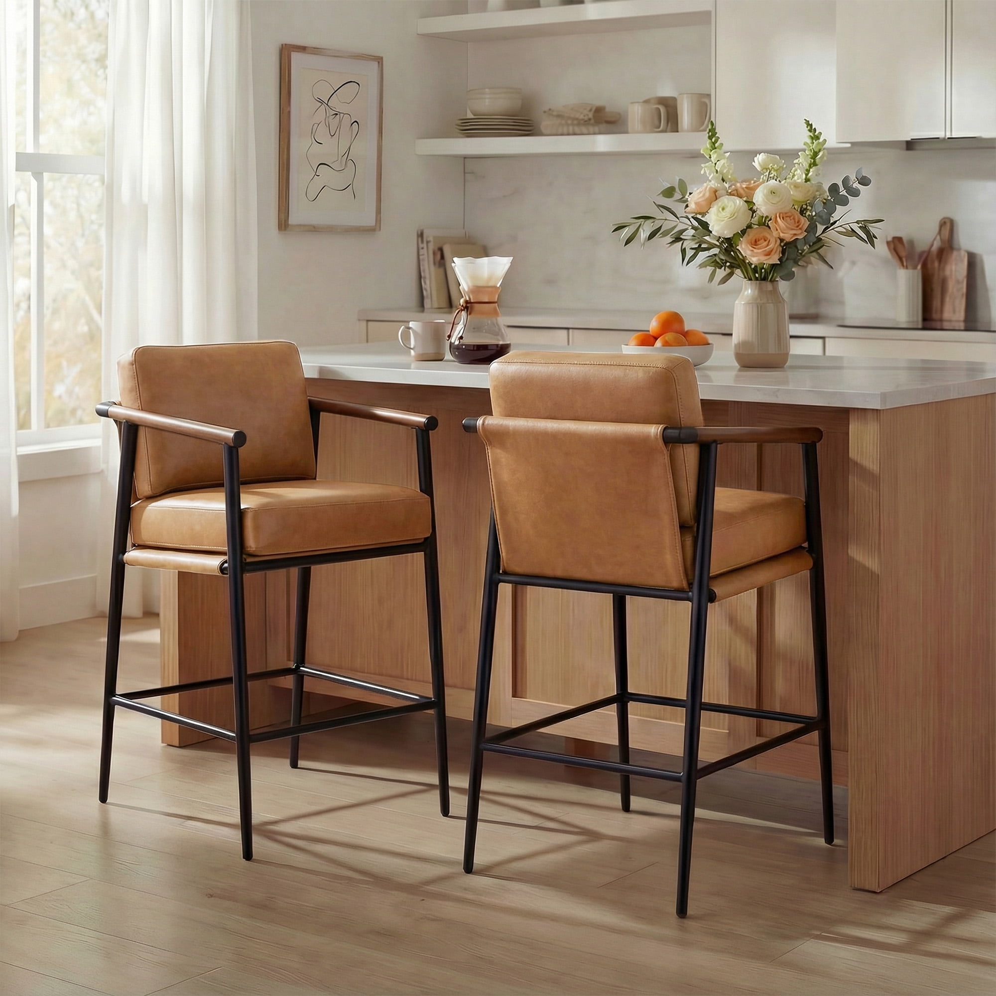 Spruce & Spring Mid-Century Modern Counter Stool Set with Wood Armrests and Cushioned Sling Seat Set of 2, Cognac Faux Leather
