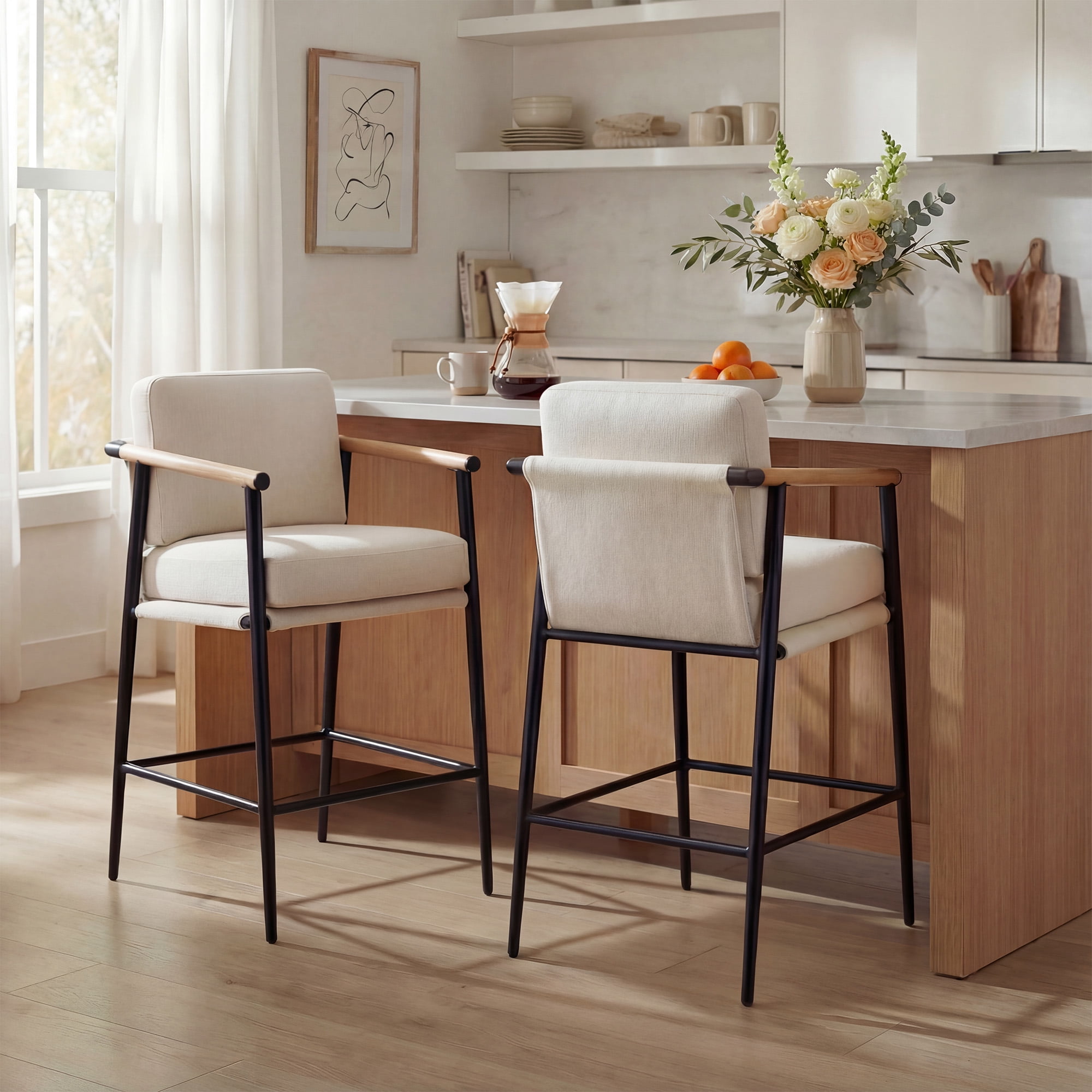 Spruce & Spring Mid-Century Modern Counter Stool Set with Wood Armrests and Cushioned Sling Seat Set of 2, Linen Fabric