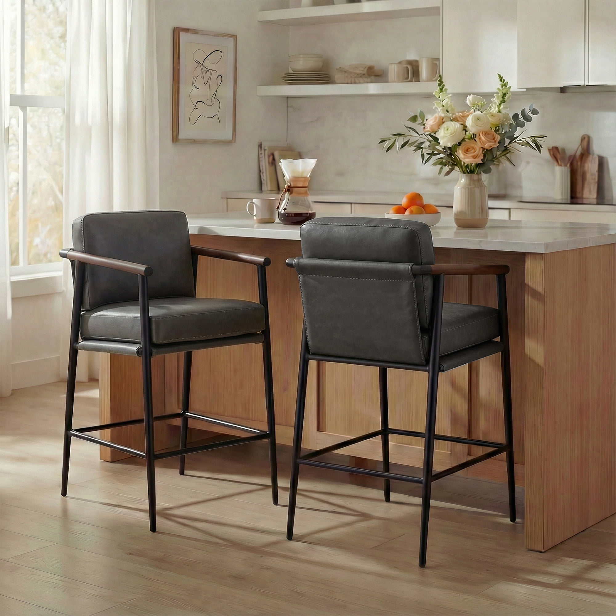 Spruce & Spring Mid-Century Modern Counter Stool Set with Wood Armrests and Cushioned Sling Seat Set of 2, Retro Grey Faux Leather