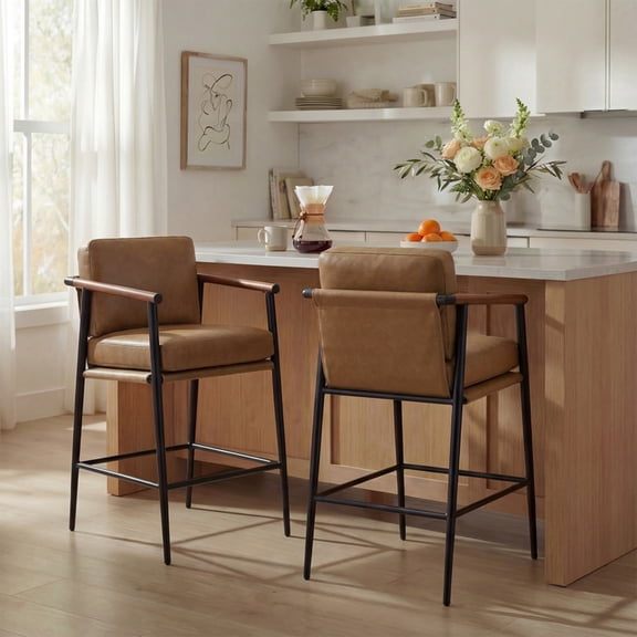 Spruce & Spring Mid-Century Modern Counter Stool Set with Wood Armrests and Cushioned Sling Seat Set of 2, Saddle Brown Faux Leather