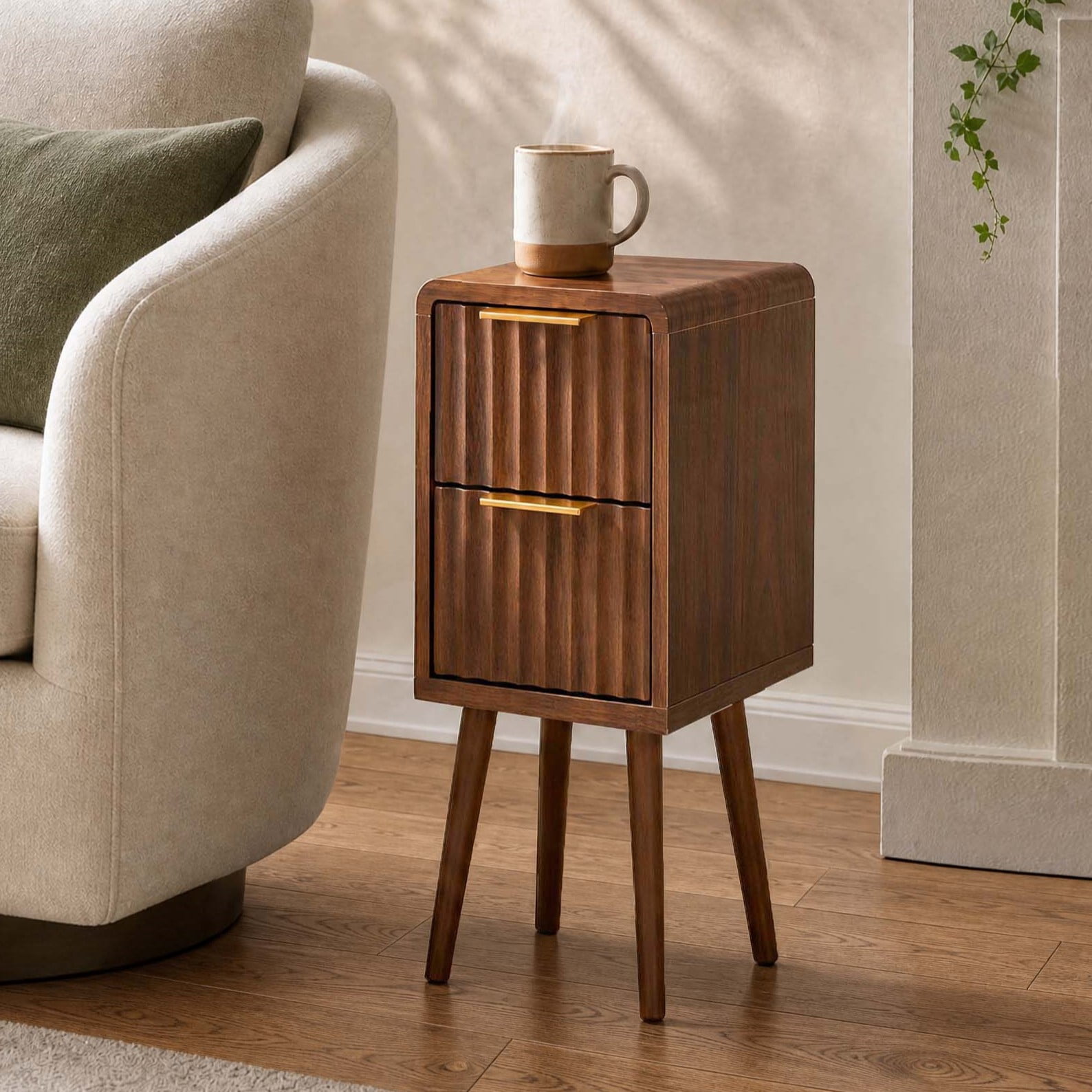 Spruce & Spring Mid-Century Modern Fluted Narrow Nightstands with 2 Drawers & Gold Handles for Bedroom, End Table for Small Spaces, Walnut
