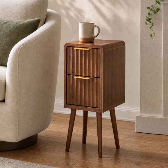 Spruce & Spring Mid-Century Modern Fluted Narrow Nightstands with 2 Drawers & Gold Handles for Bedroom, End Table for Small Spaces, Walnut