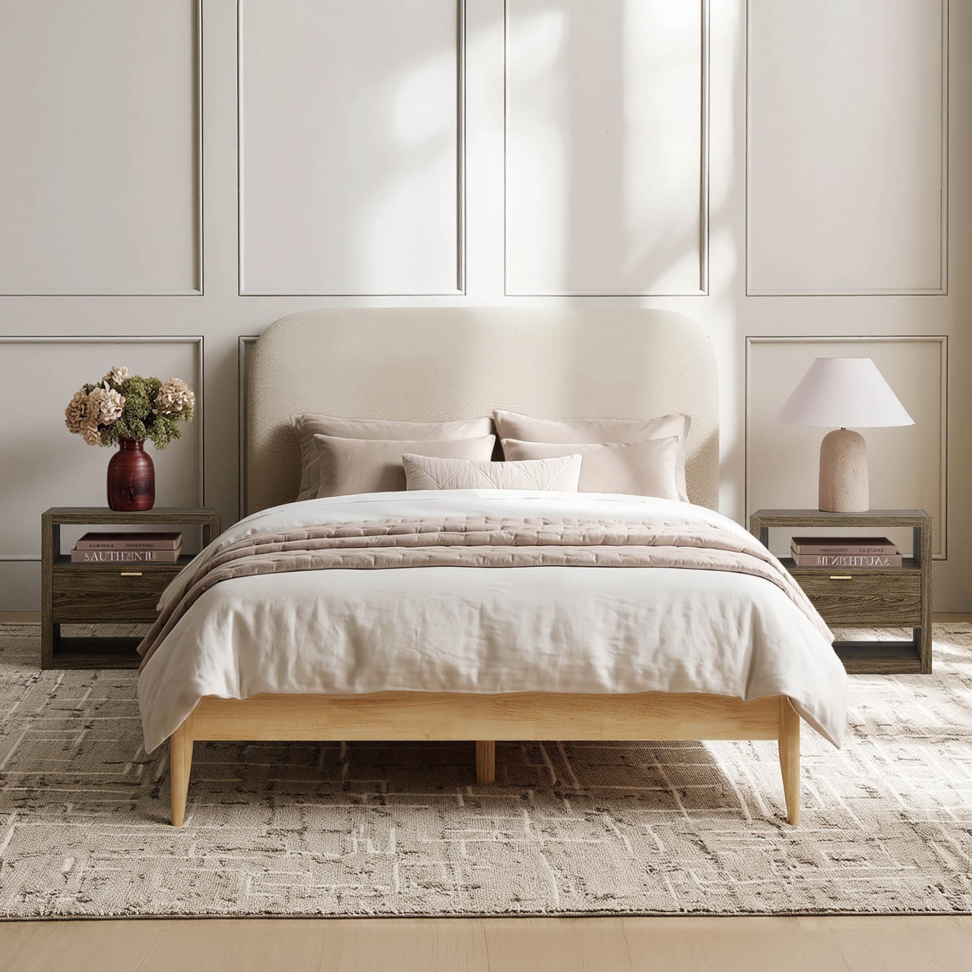 Spruce & Spring Mid-Century Modern King Size Bed Frame, Boucle Upholstered Headboard with USB & Type-C Charging, No Box Spring Required, Noise-Free, Natural Solid Wood & Cream Fabric