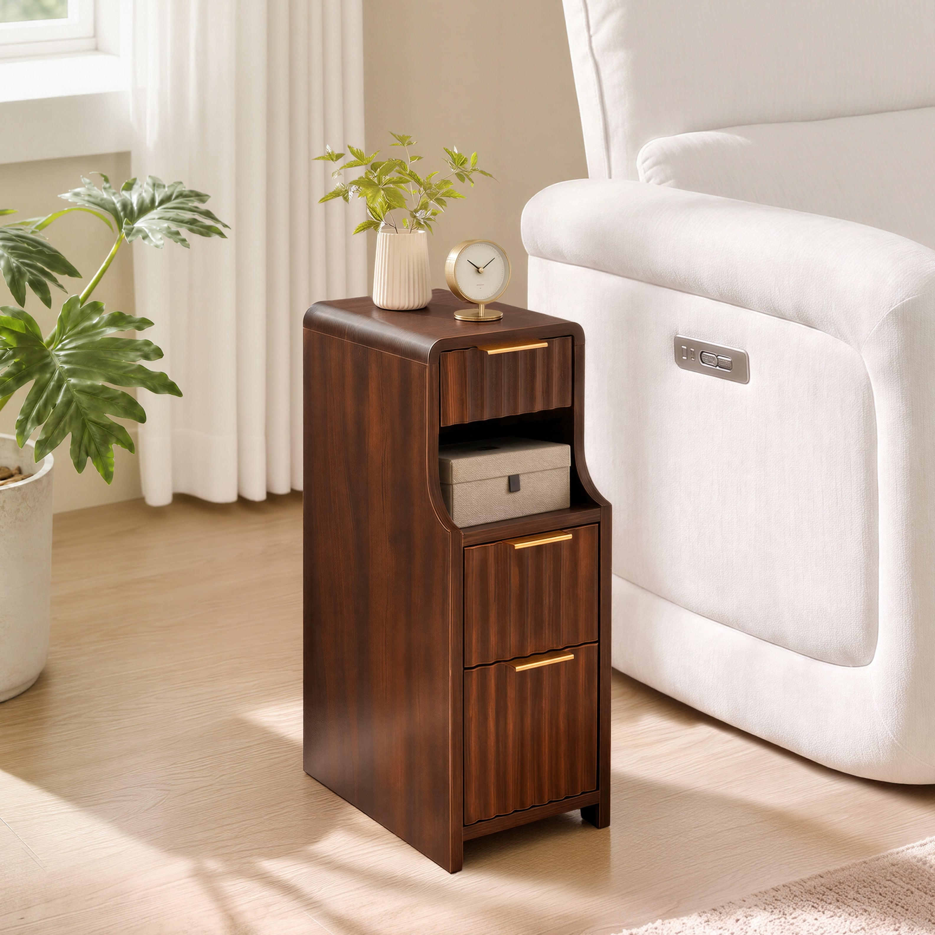 Spruce & Spring Mid-Century Modern Narrow Nightstand with 3 Drawers & Open Shelf for Bedroom, End Table for Small Spaces, Walnut