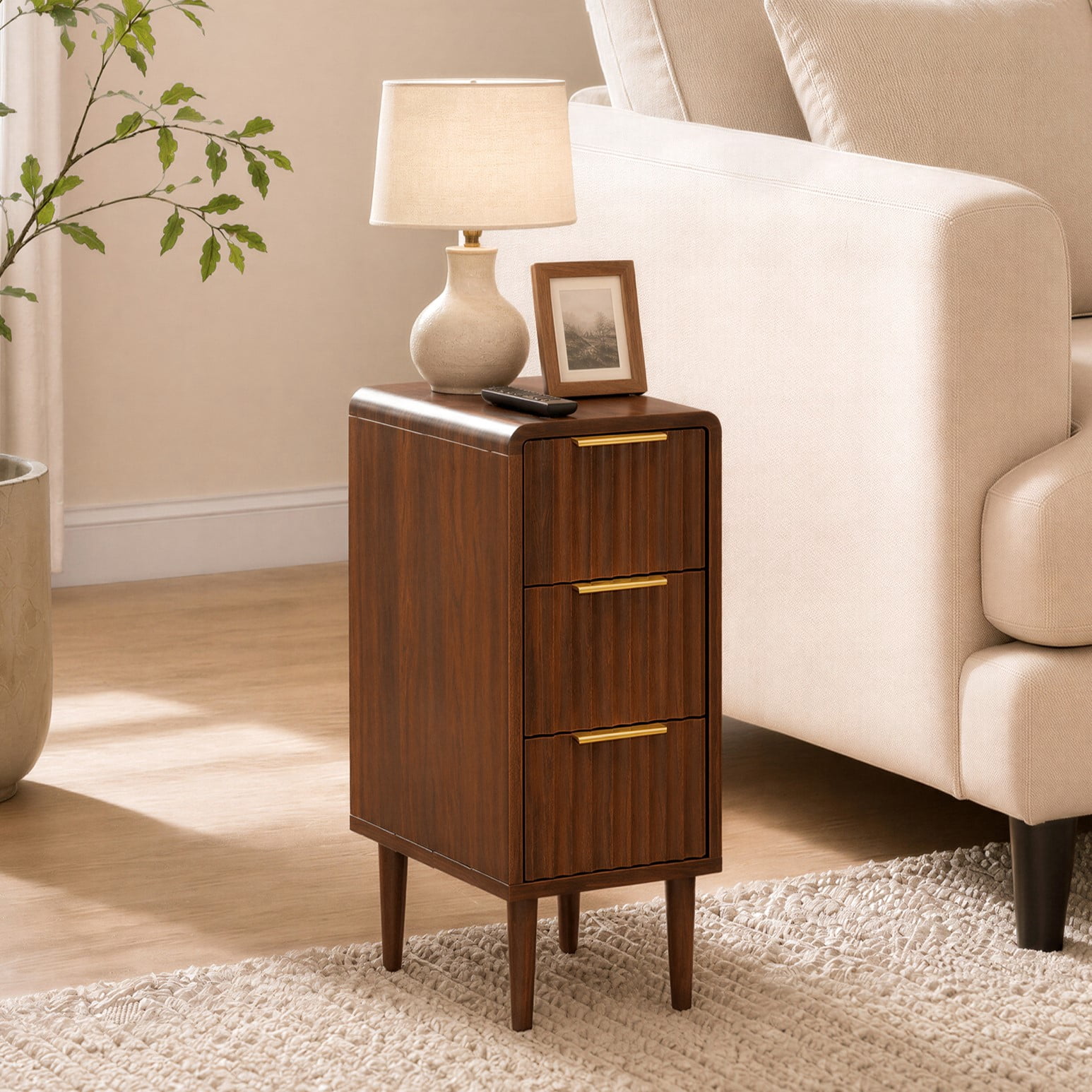 Spruce & Spring Mid-Century Modern Narrow Nightstand with 3 Drawers for Bedroom & End Table for Small Spaces, Fluted Front, Walnut