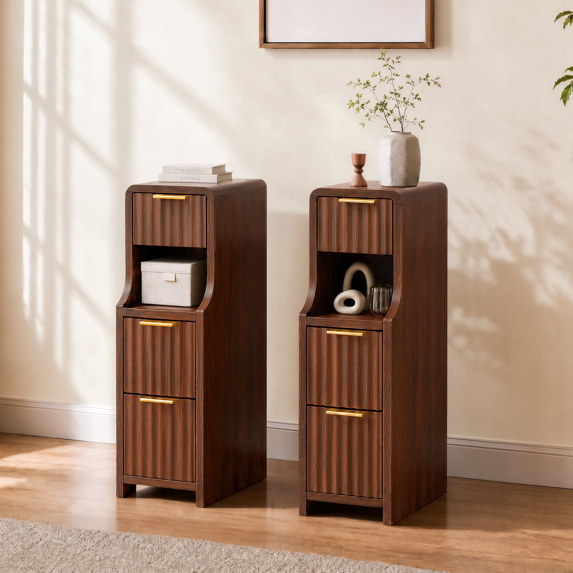 Spruce & Spring Mid-Century Modern Narrow Nightstands Set of 2 with 3 Drawers & Open Shelf for Living Room, End Table for Small Spaces, Walnut
