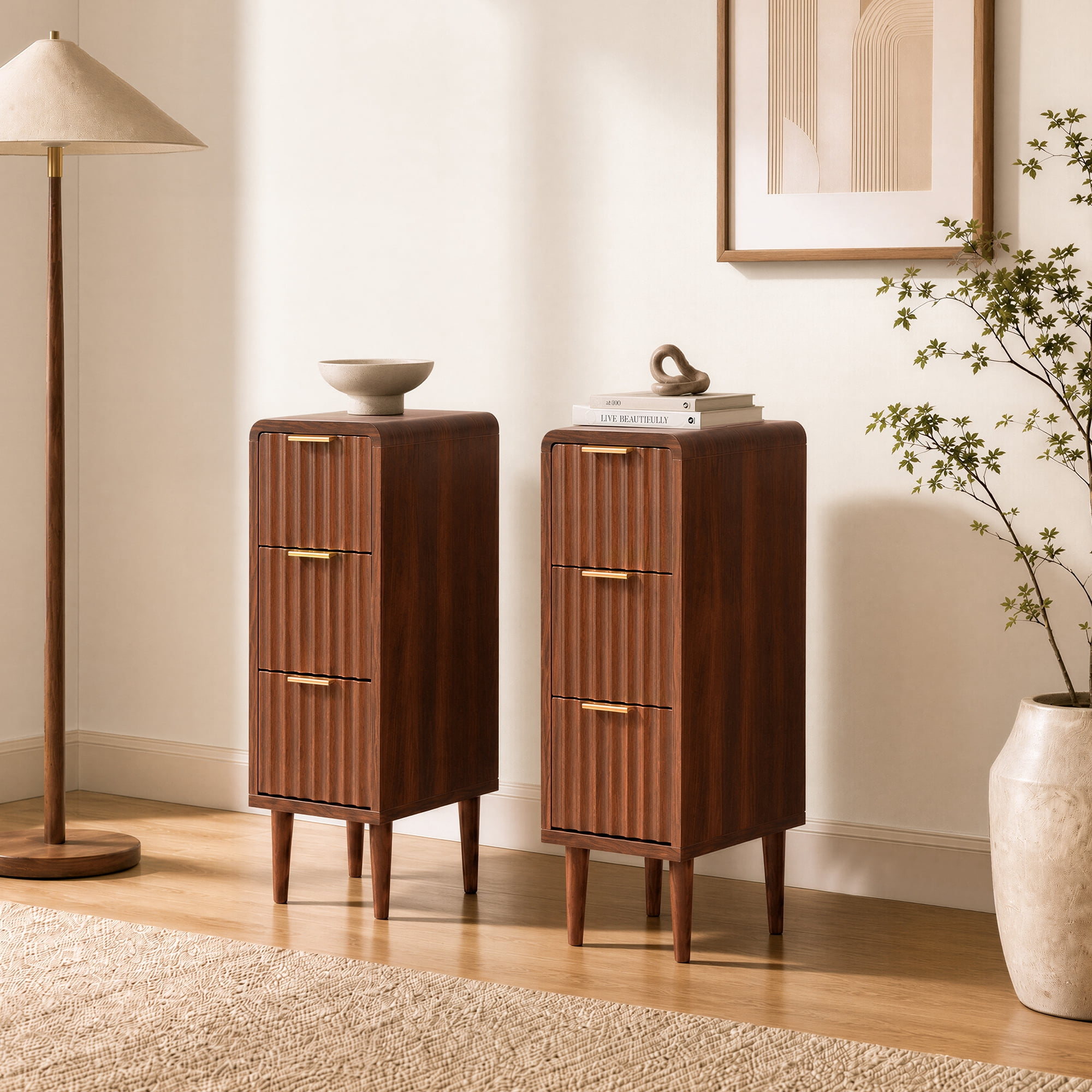 Spruce & Spring Mid-Century Modern Nightstands Set of 2 with 3 Drawers for Bedroom & Small Spaces, Fluted Front, Walnut