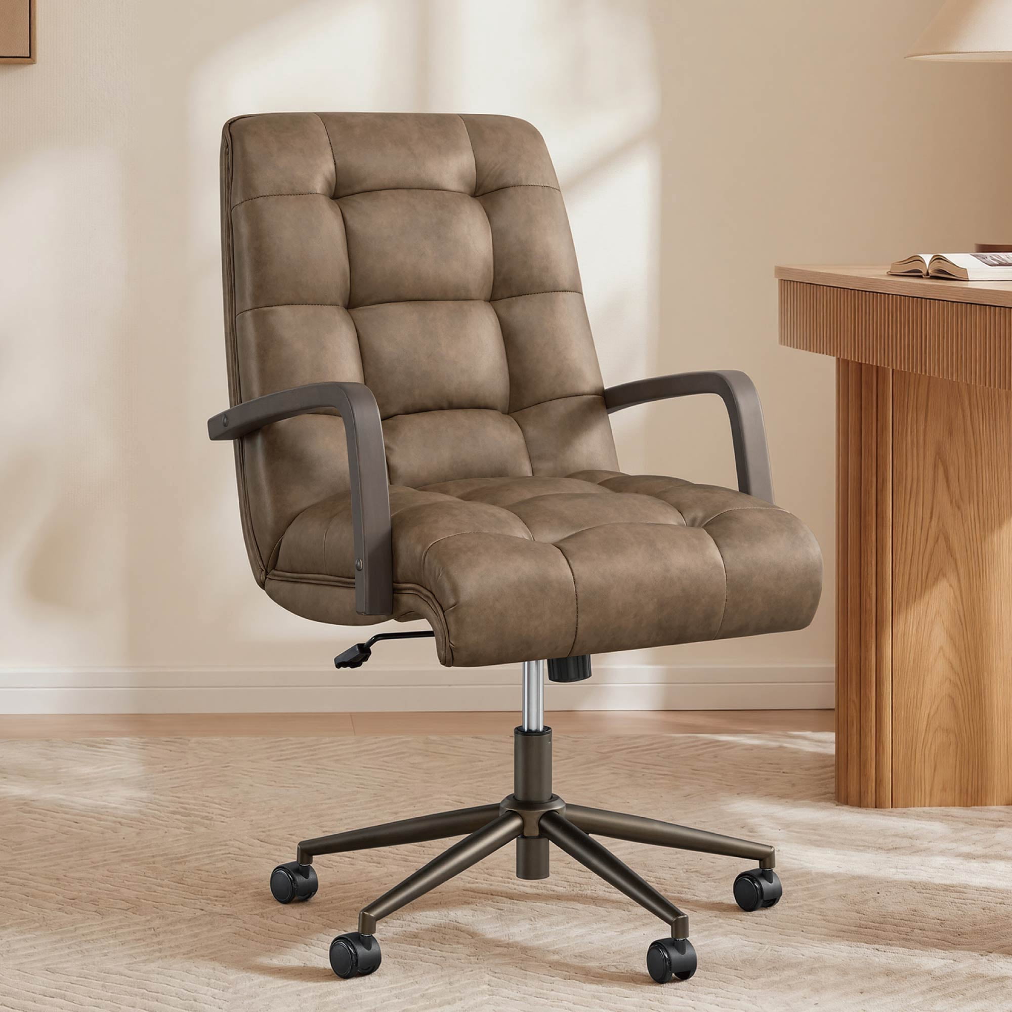 Spruce & Spring Mid-Century Modern Office Chair with Solid Wood Arms, Faux Leather Desk Chair with Adjustable Height & Tilt for Home Office, Brown