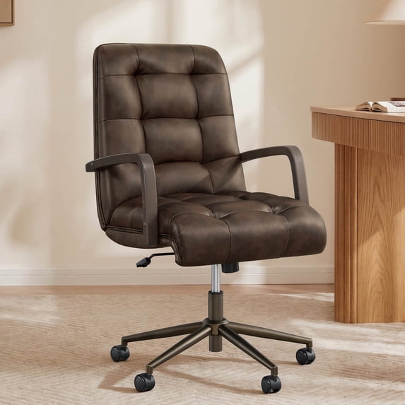 Spruce & Spring Mid-Century Modern Office Chair with Solid Wood Arms, Faux Leather Desk Chair with Adjustable Height & Tilt for Home Office, Espresso