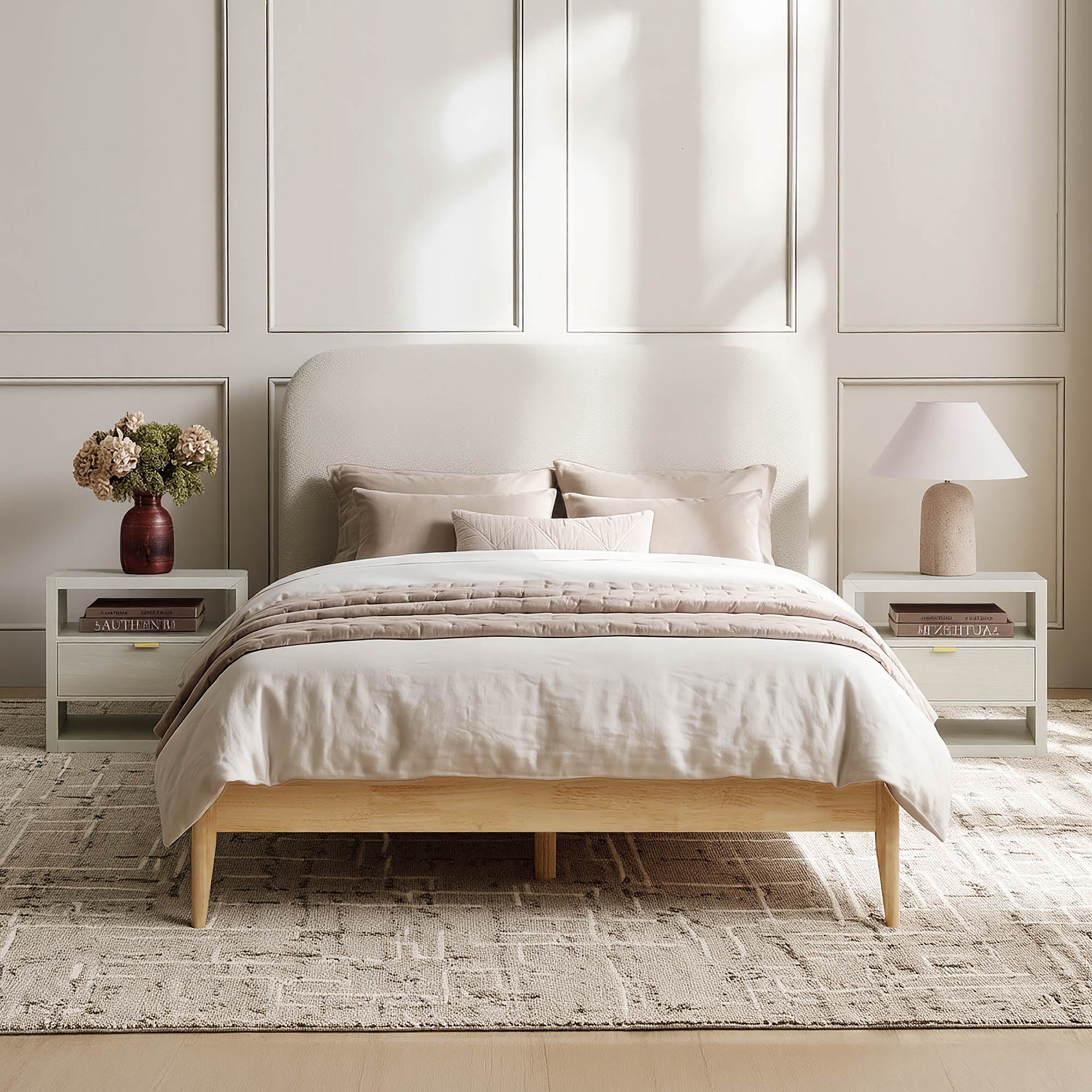 Spruce & Spring Mid-Century Modern Queen Size Bed Frame, Boucle Upholstered Headboard with USB & Type-C Charging, No Box Spring Required, Noise-Free, Natural Solid Wood & Cream Fabric