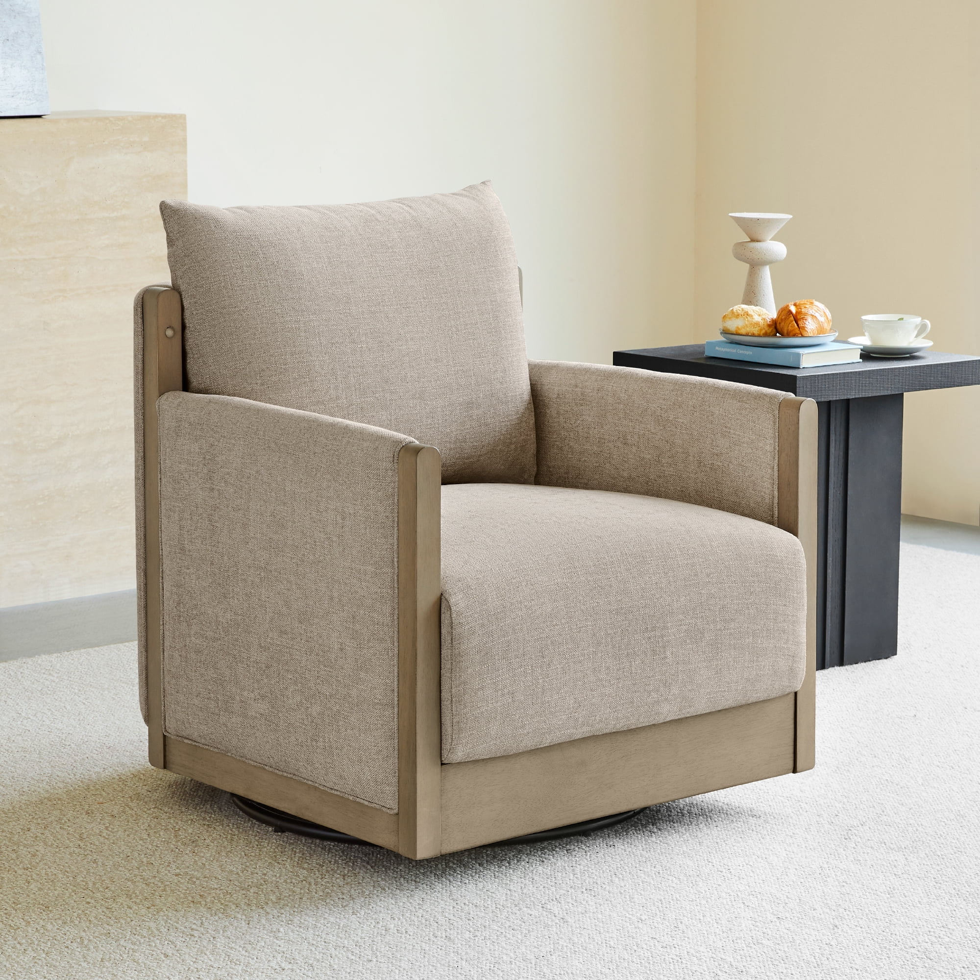 Spruce & Spring Mid-Century Modern Swivel Accent Chair with Curved Back and Upholstered Arms Single, Beige&Grey Wood