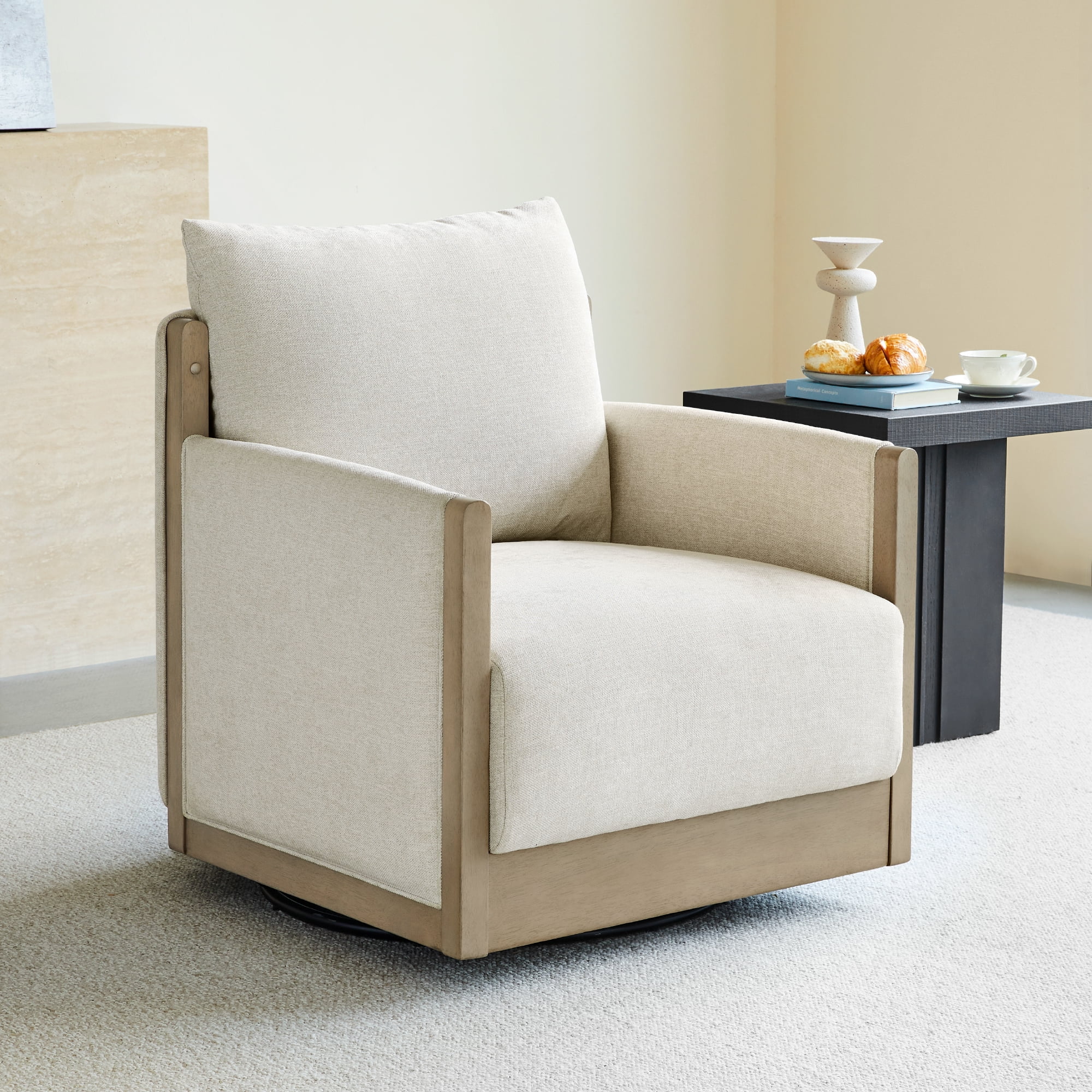 Spruce & Spring Mid-Century Modern Swivel Accent Chair with Curved Back and Upholstered Arms Single, Linen&Grey Wood