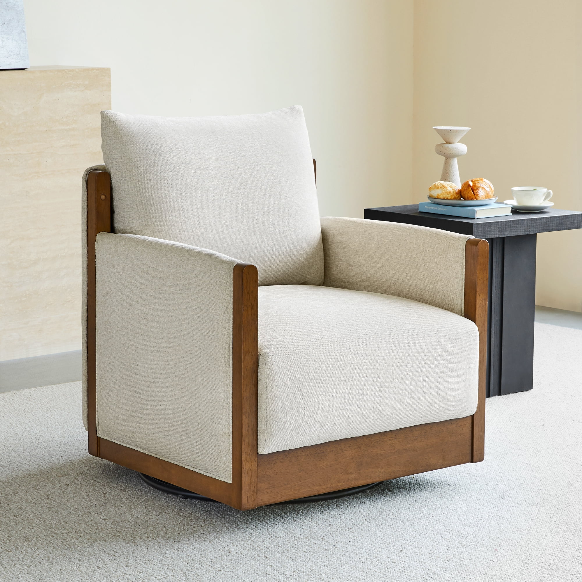 Spruce & Spring Mid-Century Modern Swivel Accent Chair with Curved Back and Upholstered Arms Single, Linen&Walnut