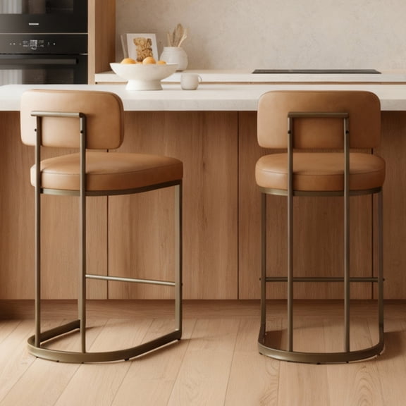 Spruce & Spring Modern 26-Inch Counter Bar Stool Set with Brass Frame Set of 2, Brown with Brass Frame