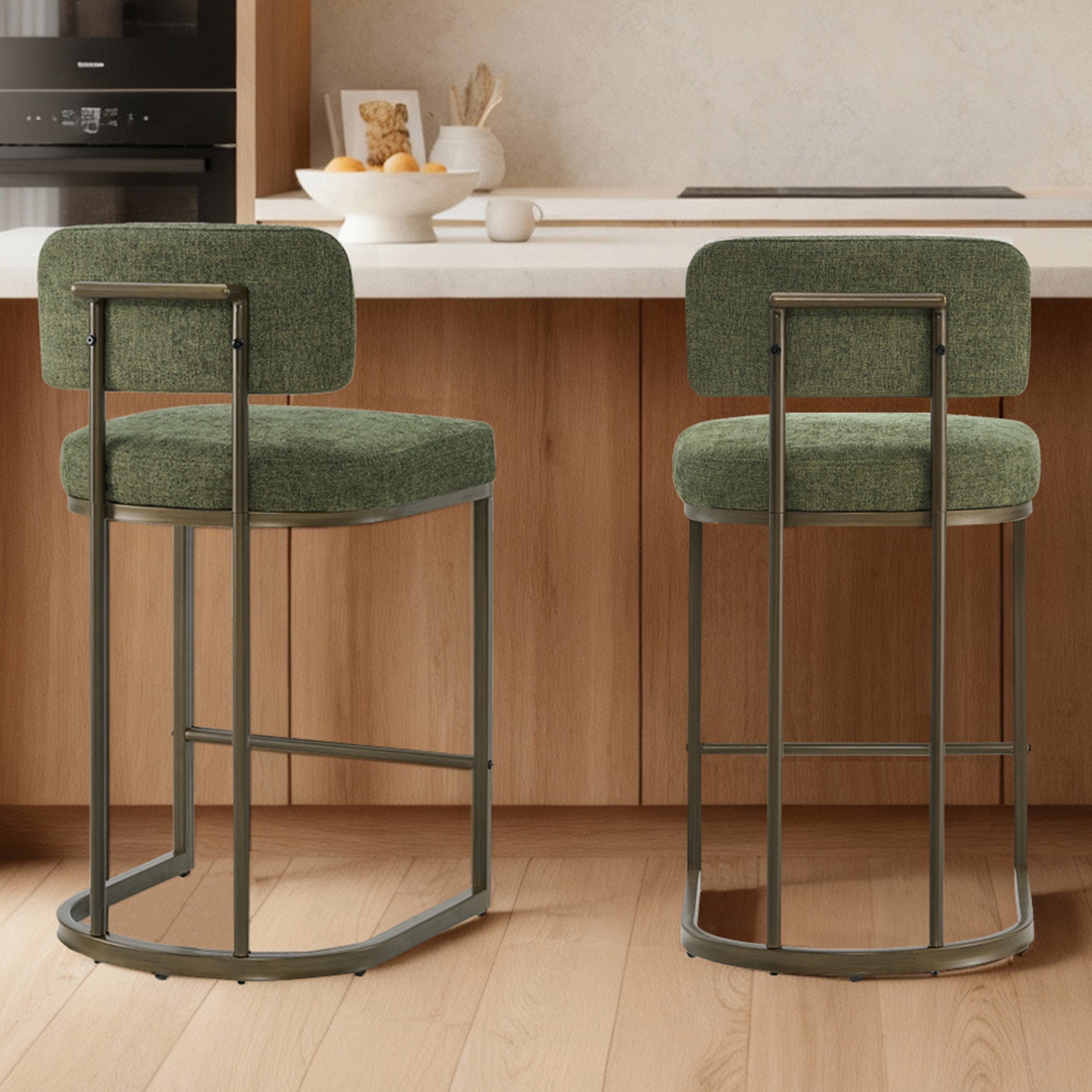 Spruce & Spring Modern 26-Inch Counter Height Bar Stool Set with Brass Frame, Set of 2, Moss Green Fabric