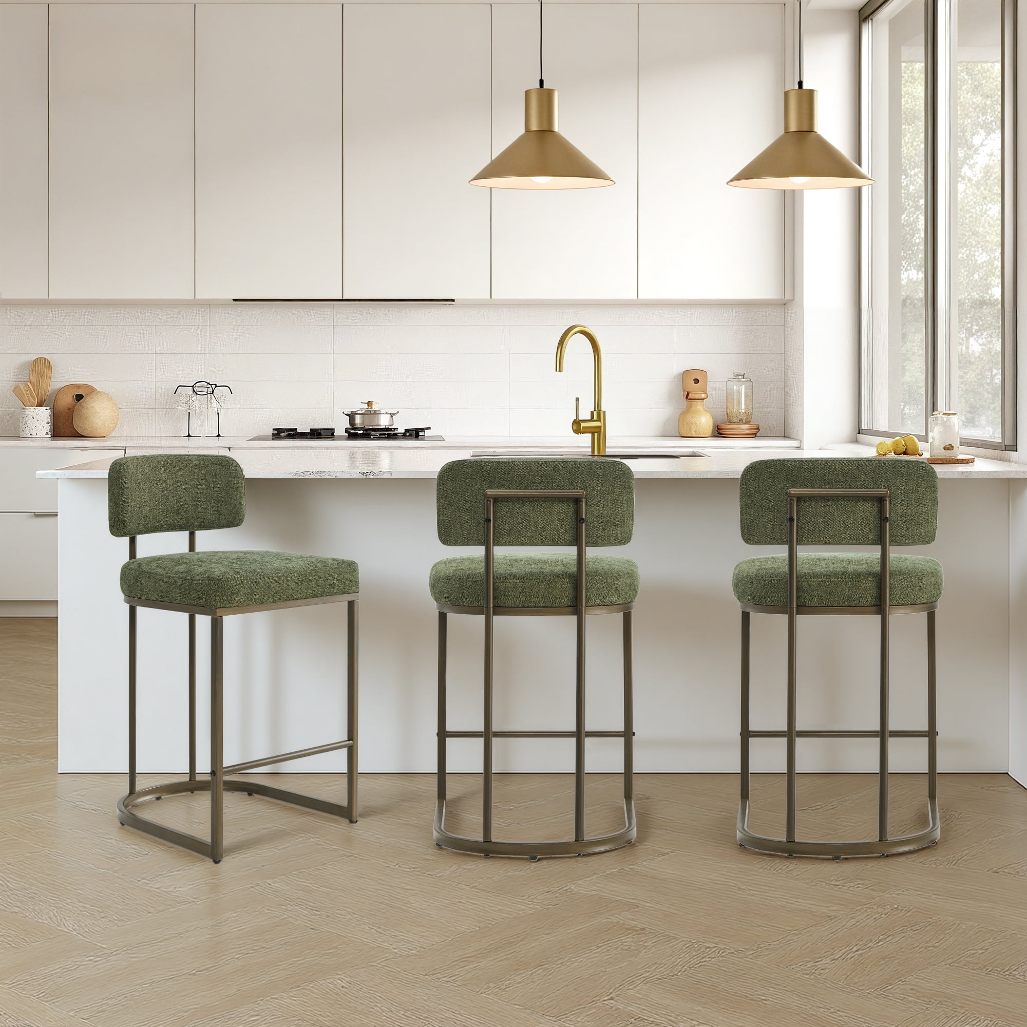 Spruce & Spring Modern 26-Inch Counter Bar Stool Set with Brass Frame Set of 3, Moss Green with Brass Frame