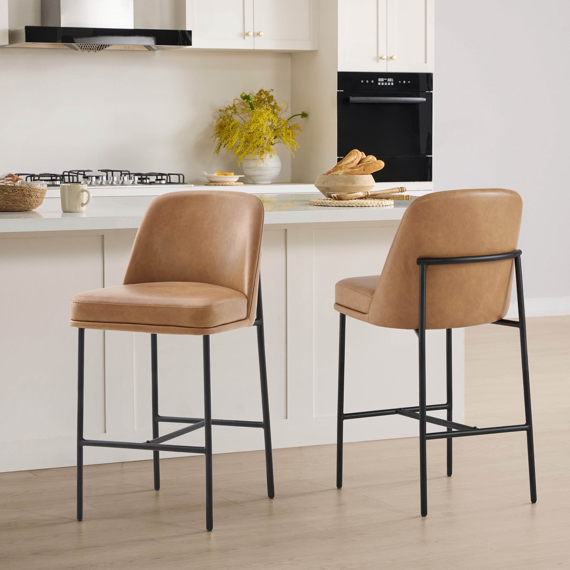 Spruce & Spring Modern 27-Inch Contemporary Counter Stool Set with Upholstered Seat and Metal Frame Set of 2, Cognac Faux Leather