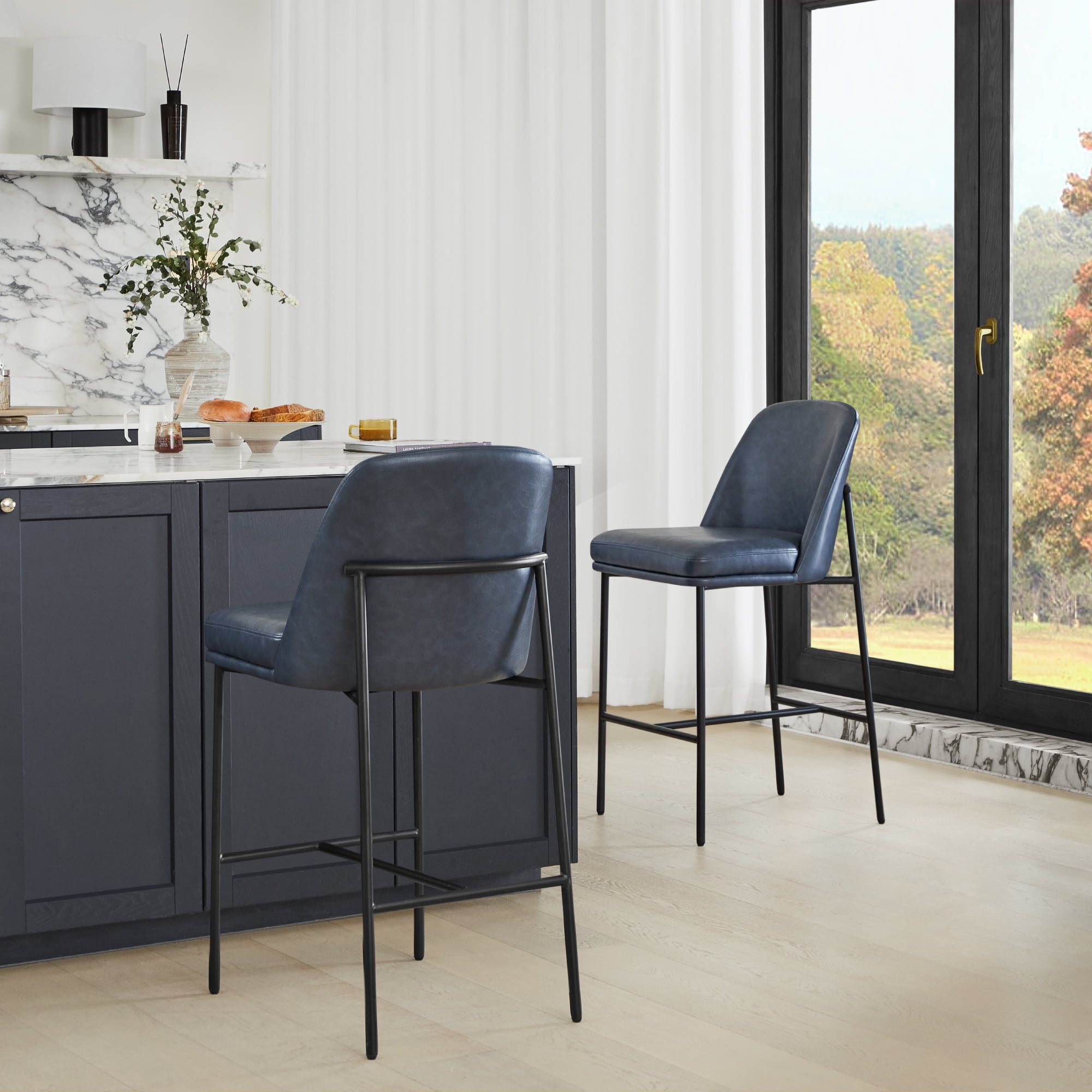 Spruce & Spring Modern 27-Inch Contemporary Counter Stool Set with Upholstered Seat and Metal Frame Set of 2, Navy Blue Faux Leather
