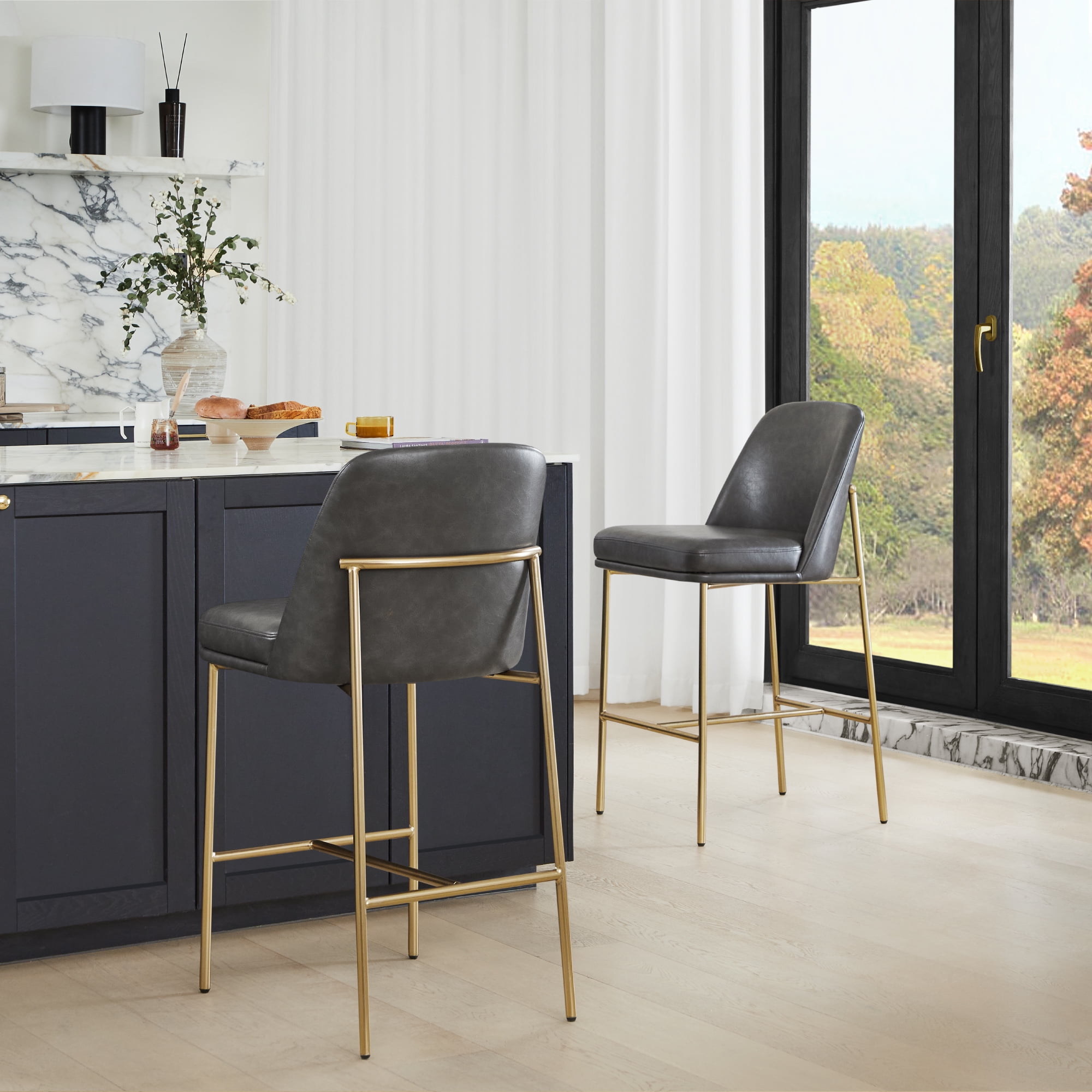 Spruce & Spring Modern 27-Inch Contemporary Counter Stool Set with Upholstered Seat and Metal Frame Set of 2, Retro Grey Faux Leather