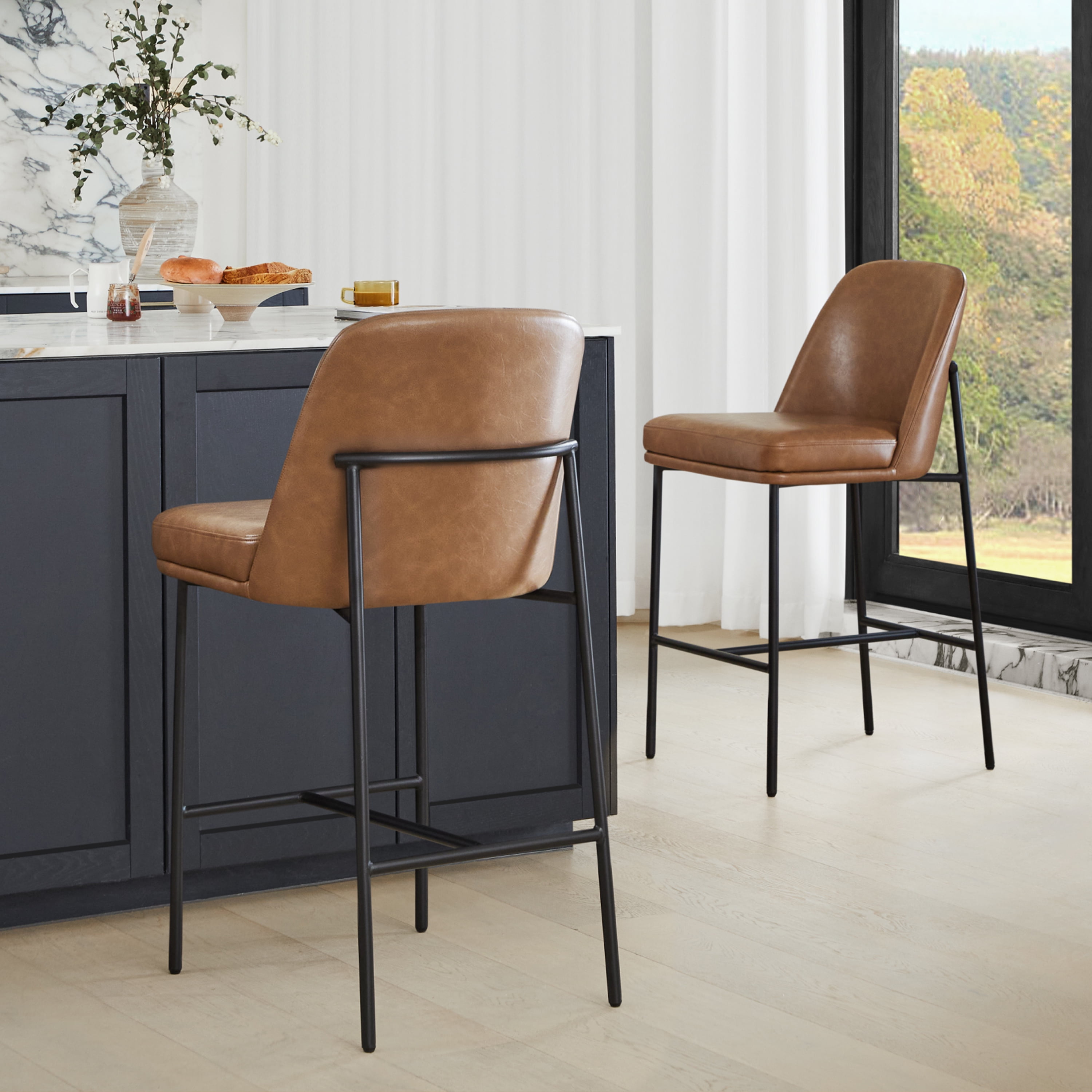 Spruce & Spring Modern 27-Inch Contemporary Counter Stool Set with Upholstered Seat and Metal Frame Set of 2, Saddle Brown Faux Leather