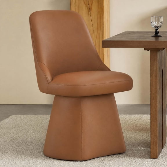 Spruce & Spring Modern 360-Degree Swivel Upholstered Dining Chair, Faux Leather Accent Chair with Conical Base, Saddle Brown