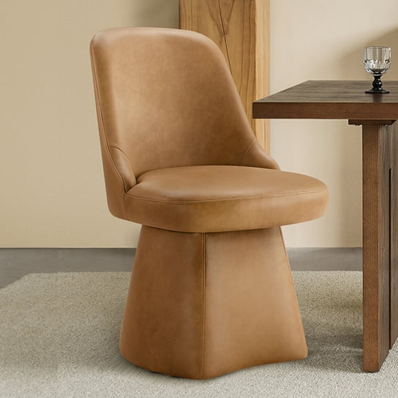 Spruce & Spring Modern 360-Degree Swivel Upholstered Dining Chair, Faux Leather Accent Chair with Conical Base, Saddle Brown