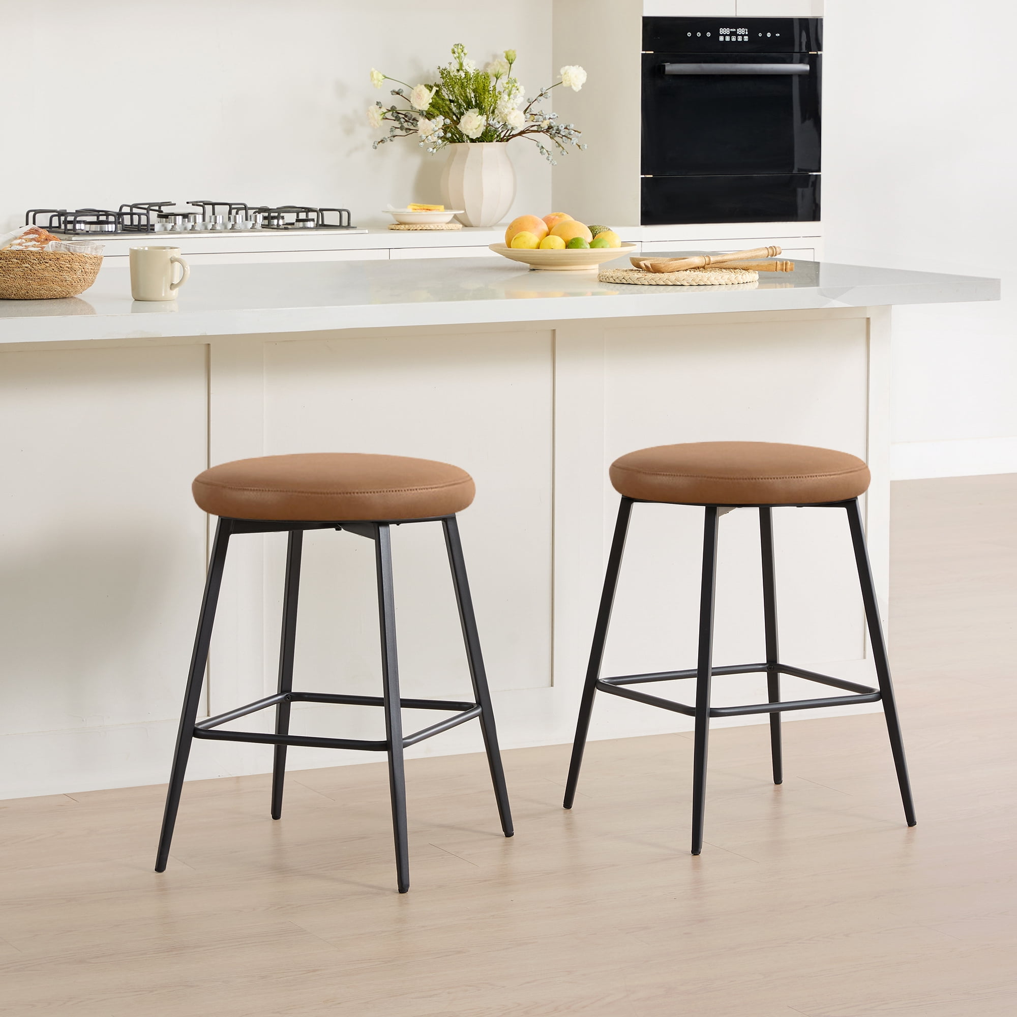 Spruce & Spring Modern 360° Swivel Counter Stool with Oversized Round Seat and Reinforced Metal Frame Set of 2, Brown PU