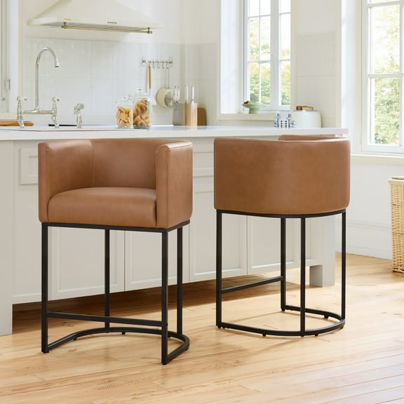 Spruce & Spring Modern Barrel-Back Upholstered Counter Stool with Wide Seat for Kitchen Island or Home Bar Set of 2, Brown