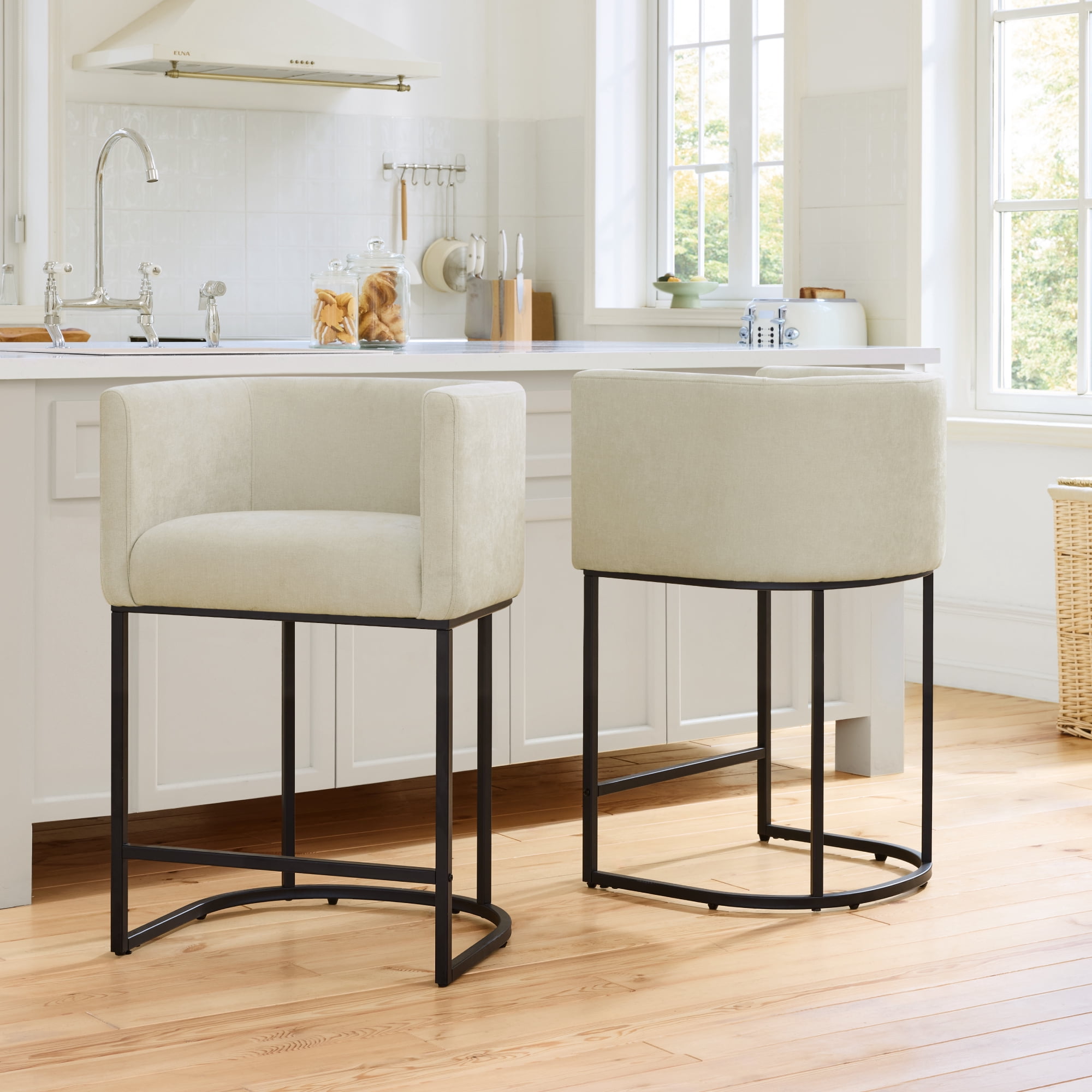 Spruce & Spring Modern Barrel-Back Upholstered Counter Stool with Wide Seat for Kitchen Island or Home Bar, Set of 2, Sand