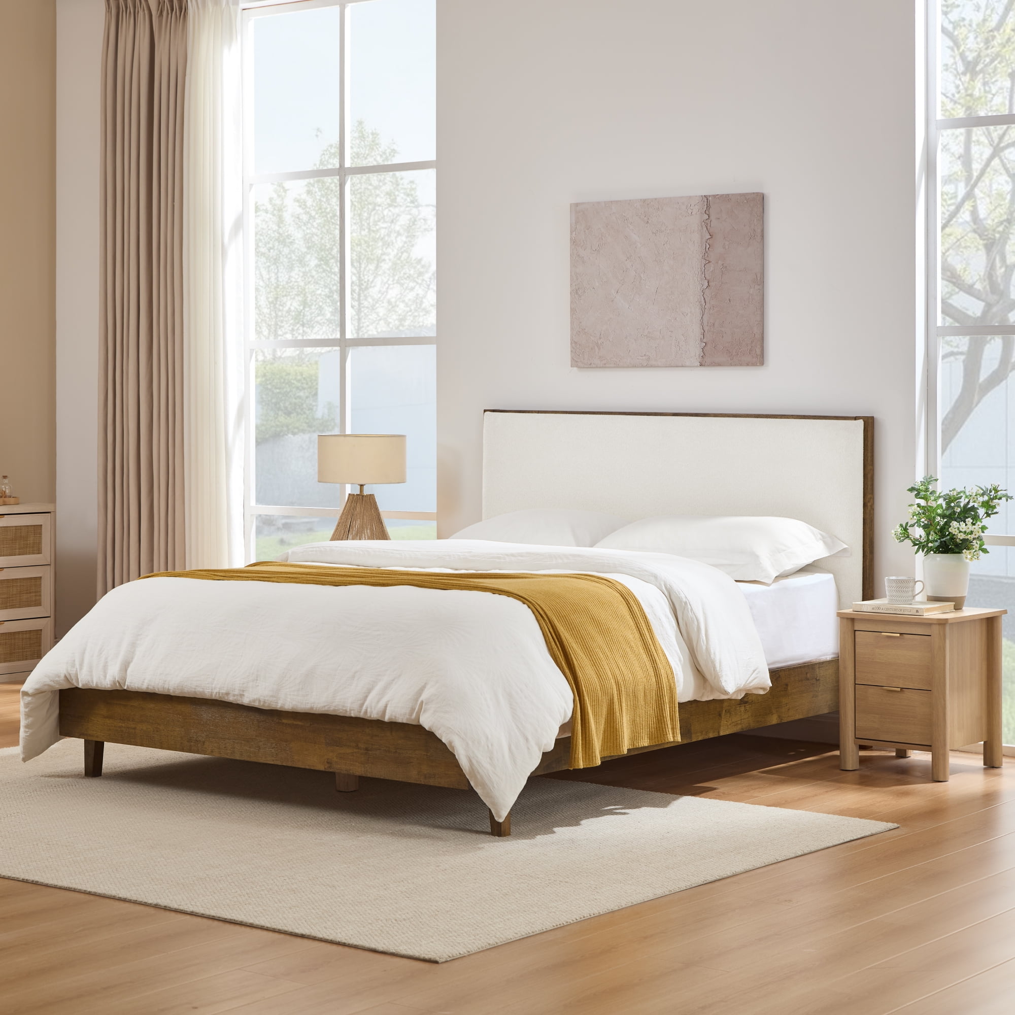 Spruce & Spring Modern Bouclé Platform Bed with Upholstered Headboard & Solid Wood Frame Walnut, Queen