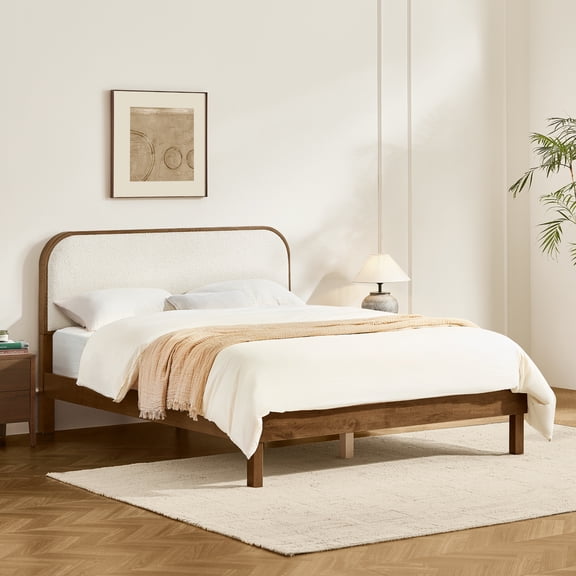 Spruce & Spring Modern Boucle Upholstered Platform Bed with Solid Wood Frame Walnut, Full