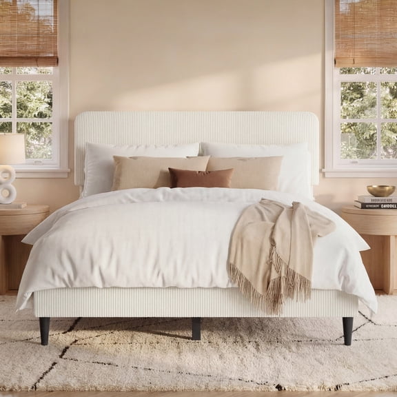 Spruce & Spring Modern Chenille Upholstered Platform Bed with Adjustable Headboard, King Size Bed Frame No Box Spring Needed, Cream