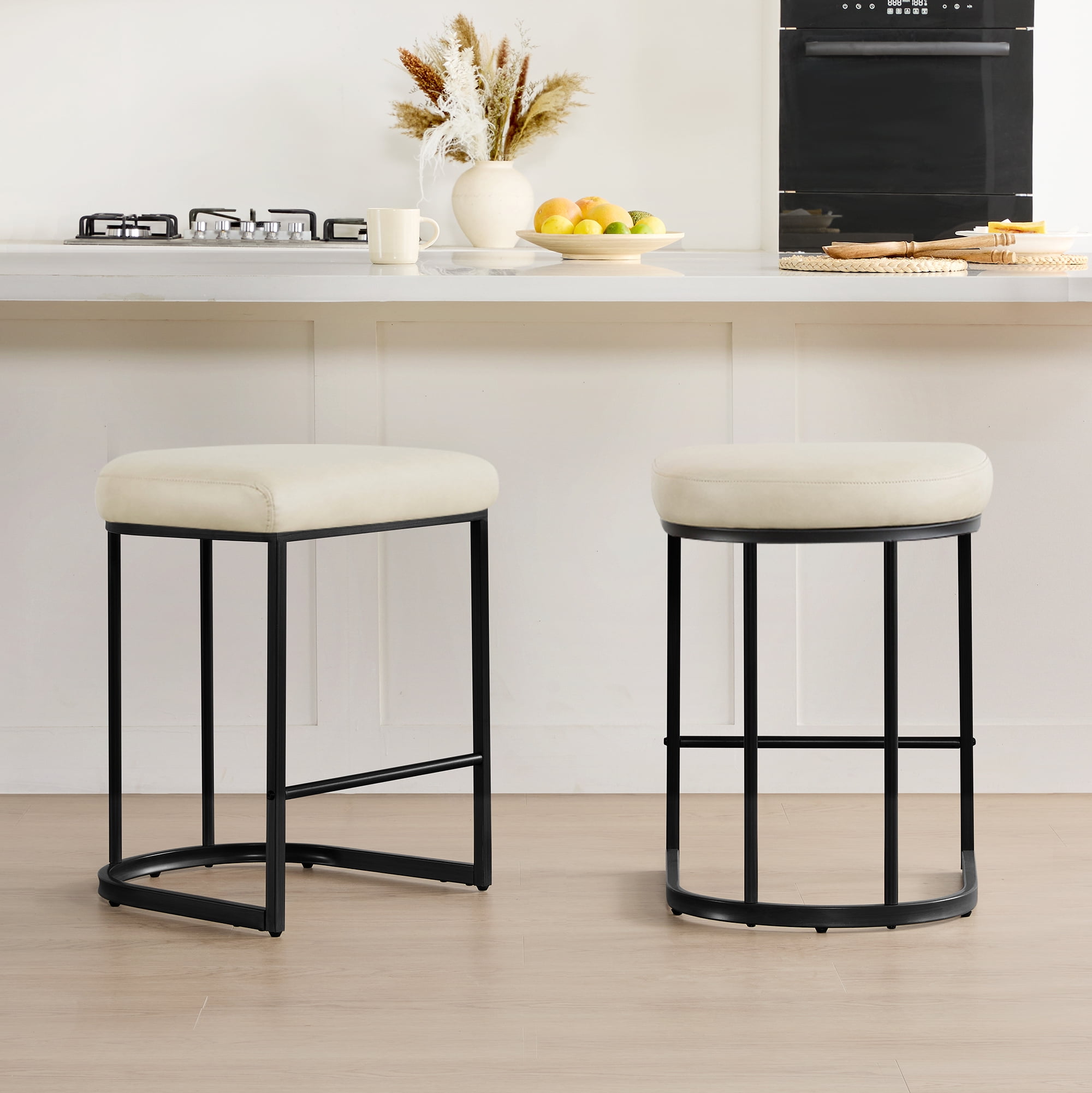 Spruce & Spring Modern Counter Bar Stool with Curved Upholstered Seat and Metal Legs for Kitchen Island or Bar Set of 2, Beige with Metal Legs