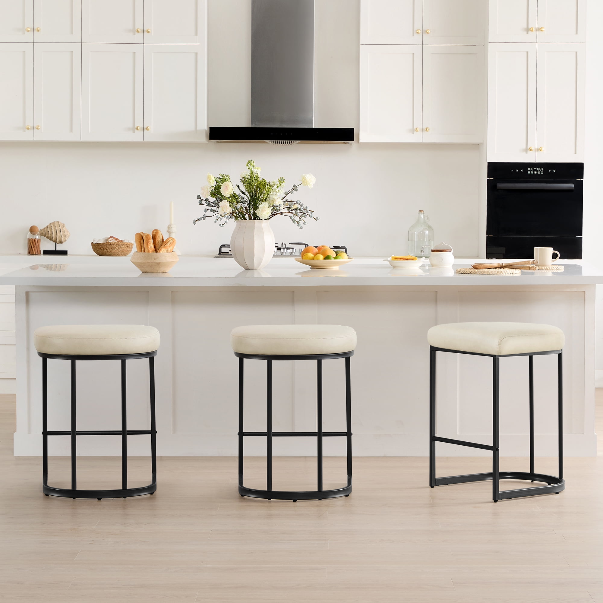 Spruce & Spring Modern Counter Bar Stool with Curved Upholstered Seat and Metal Legs for Kitchen Island or Bar Set of 3, Beige with Metal Legs