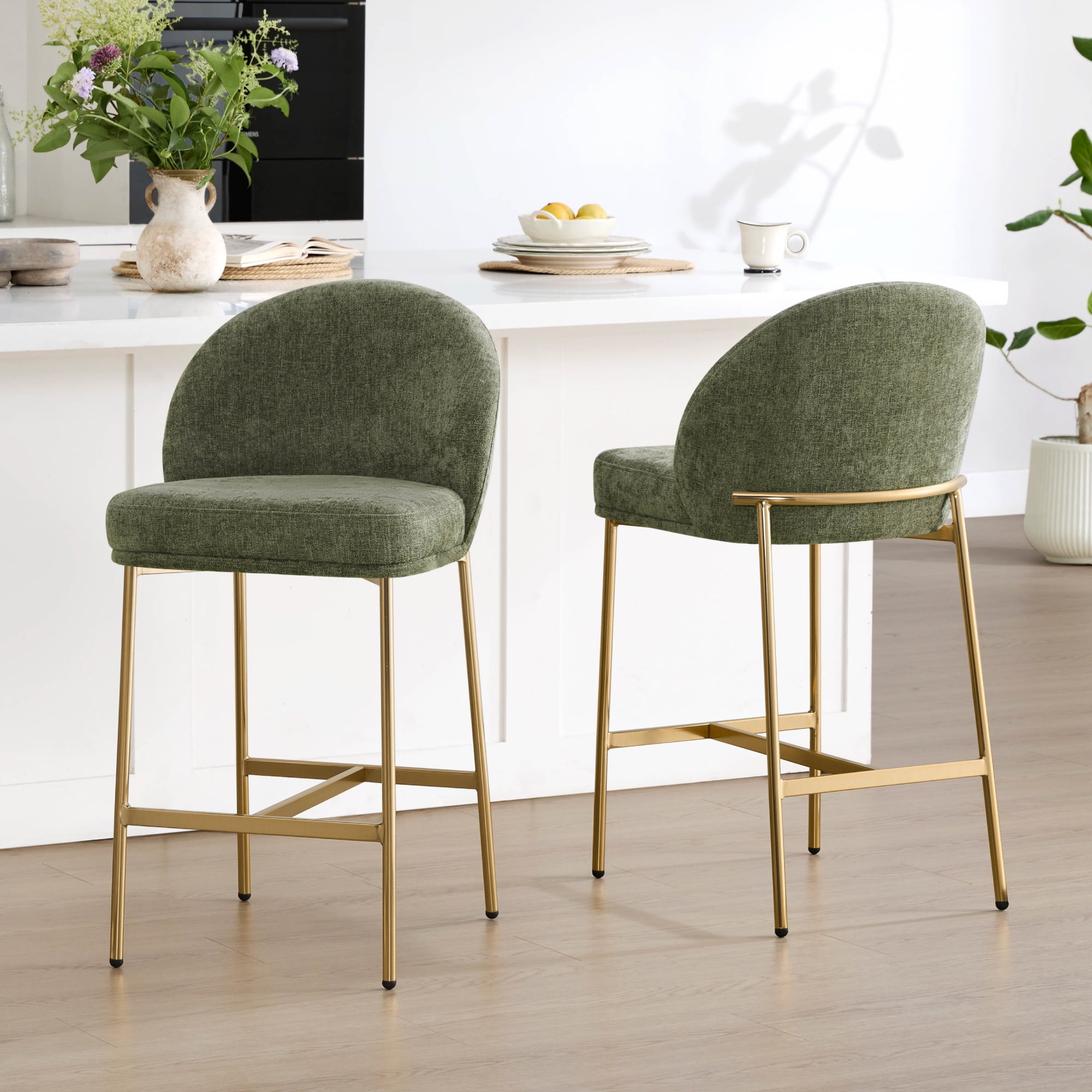 Spruce & Spring Modern Counter Bar Stool with Metal Arc Backrest and Upholstered Seat Set of 2, Green with Bronze Legs