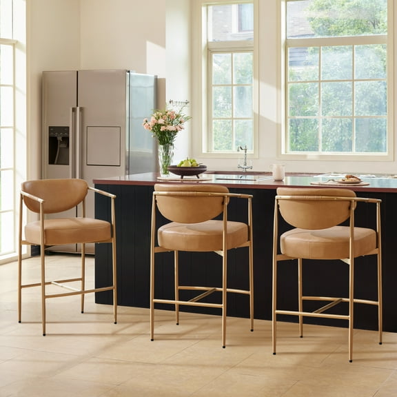 Spruce & Spring Modern Counter Bar Stool with Woven Strap Arms & Gold Metal Frame Set of 2, Brown with Gold Frame
