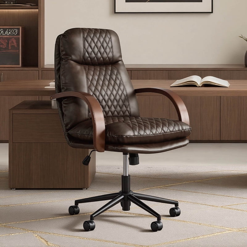 Spruce & Spring Modern Ergonomic Swivel Office Chair with Bentwood Arms, Upholstered High Back Desk Chair with Tilt Function and Durable Metal Base, Espresso
