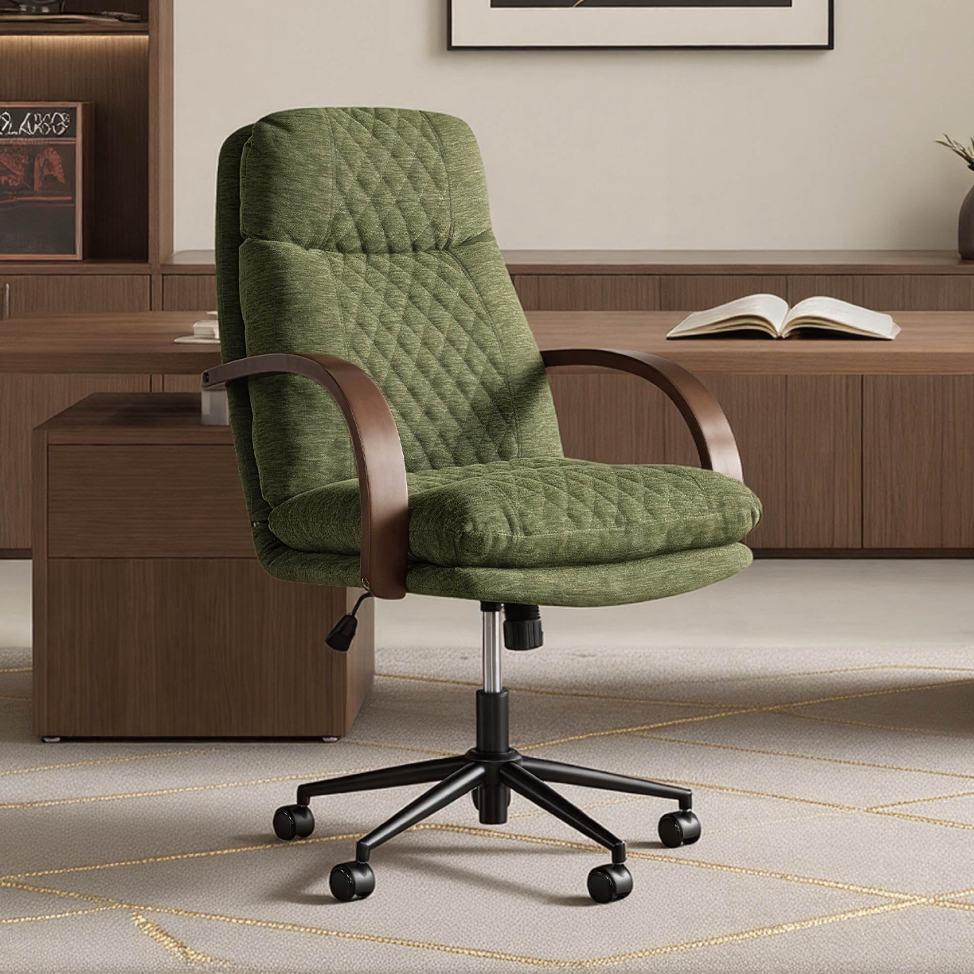 Spruce & Spring Modern Ergonomic Swivel Office Chair with Bentwood Arms, Upholstered High Back Desk Chair with Tilt Function and Durable Metal Base, Moss Green