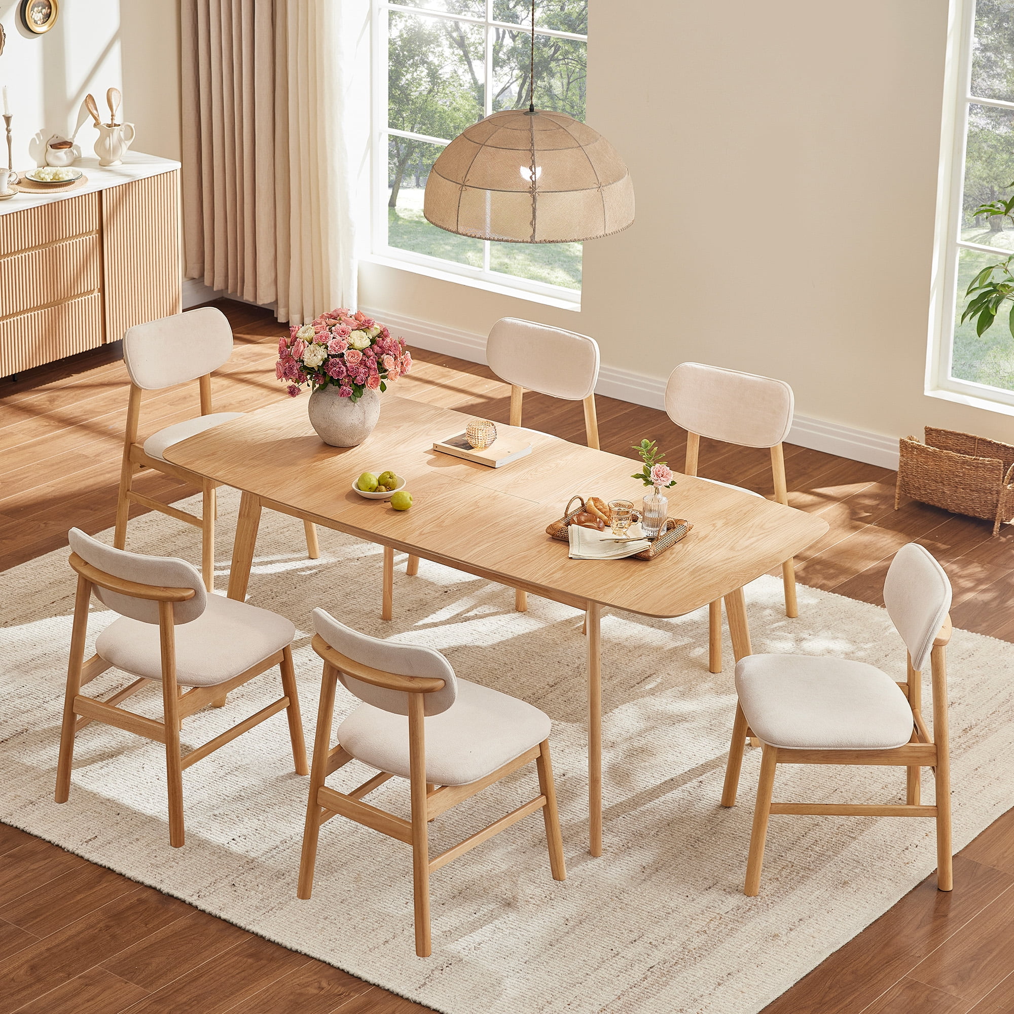 Spruce & Spring Modern Extendable Dining Table Set with Solid Rubberwood Tapered Legs, Scratch-Resistant Walnut/Oak Veneer Space-Saving Kitchen Table with Child-Safe Rounded Corners,Oak